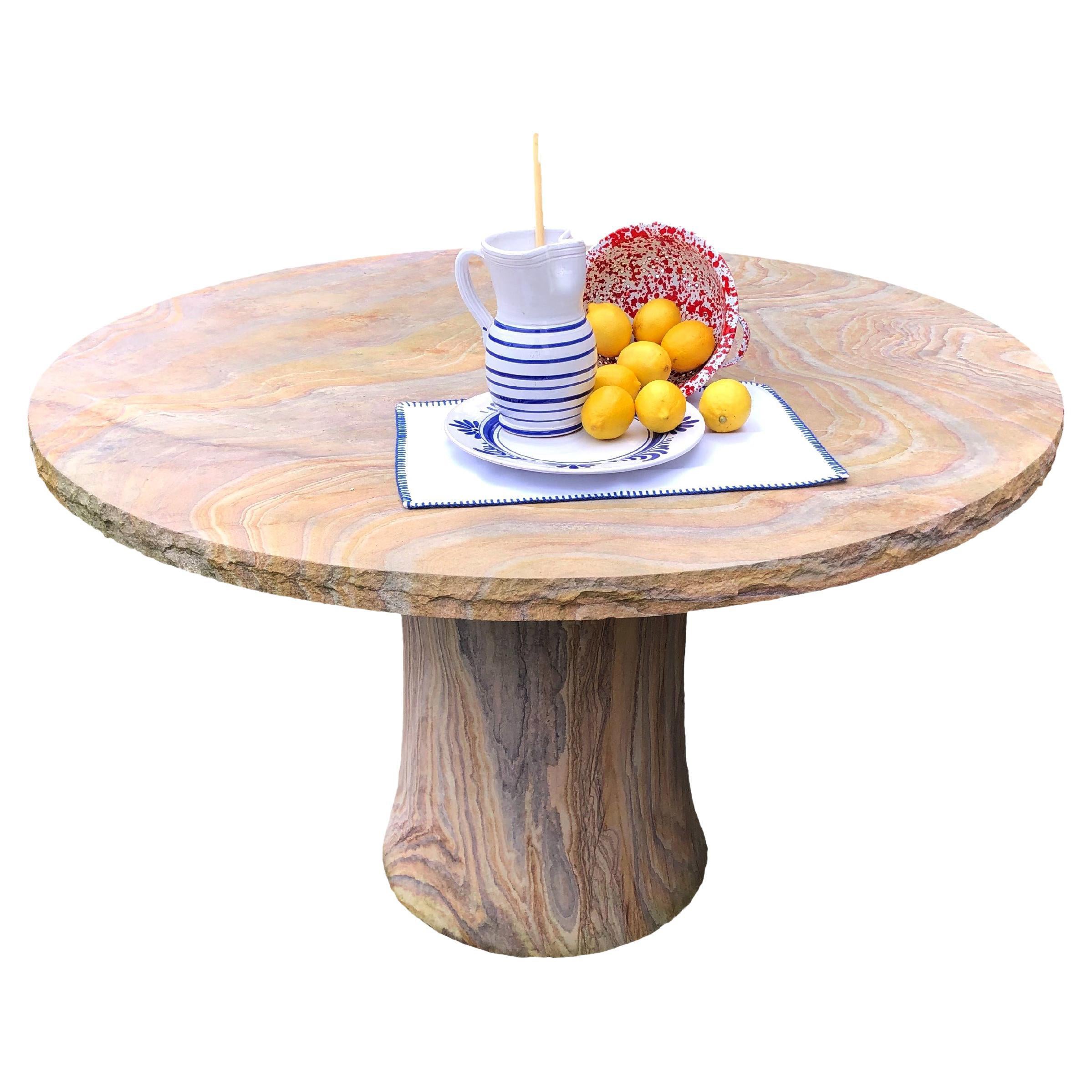 Round Outdoor Table, Hand-Carved Sandstone Round Outdoor Table by S. Odegard