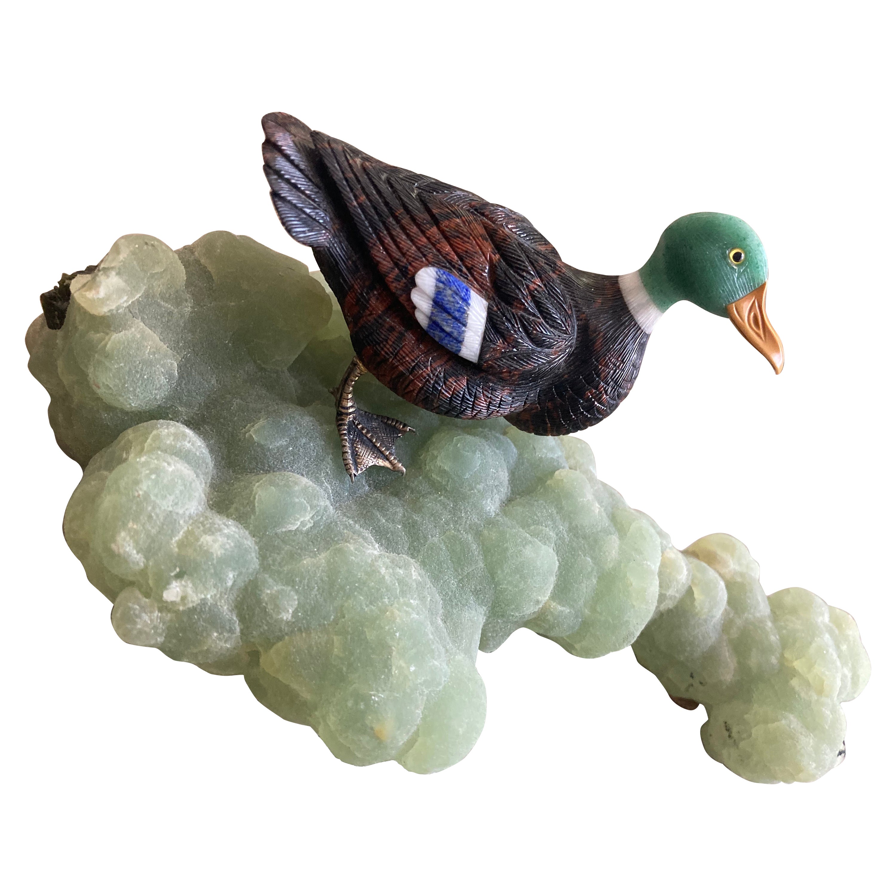 Georg O Wild Duck Carving, Multi Gemstone and 18 Karat Gold Feet, Idar-Oberstein For Sale