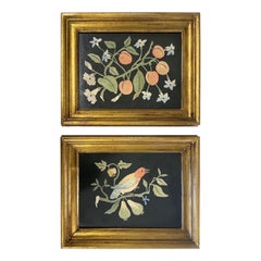 Vintage Pair, Signed Pietra Dura Style Bird & Peach Porcelain Plaque Set, C. 1972