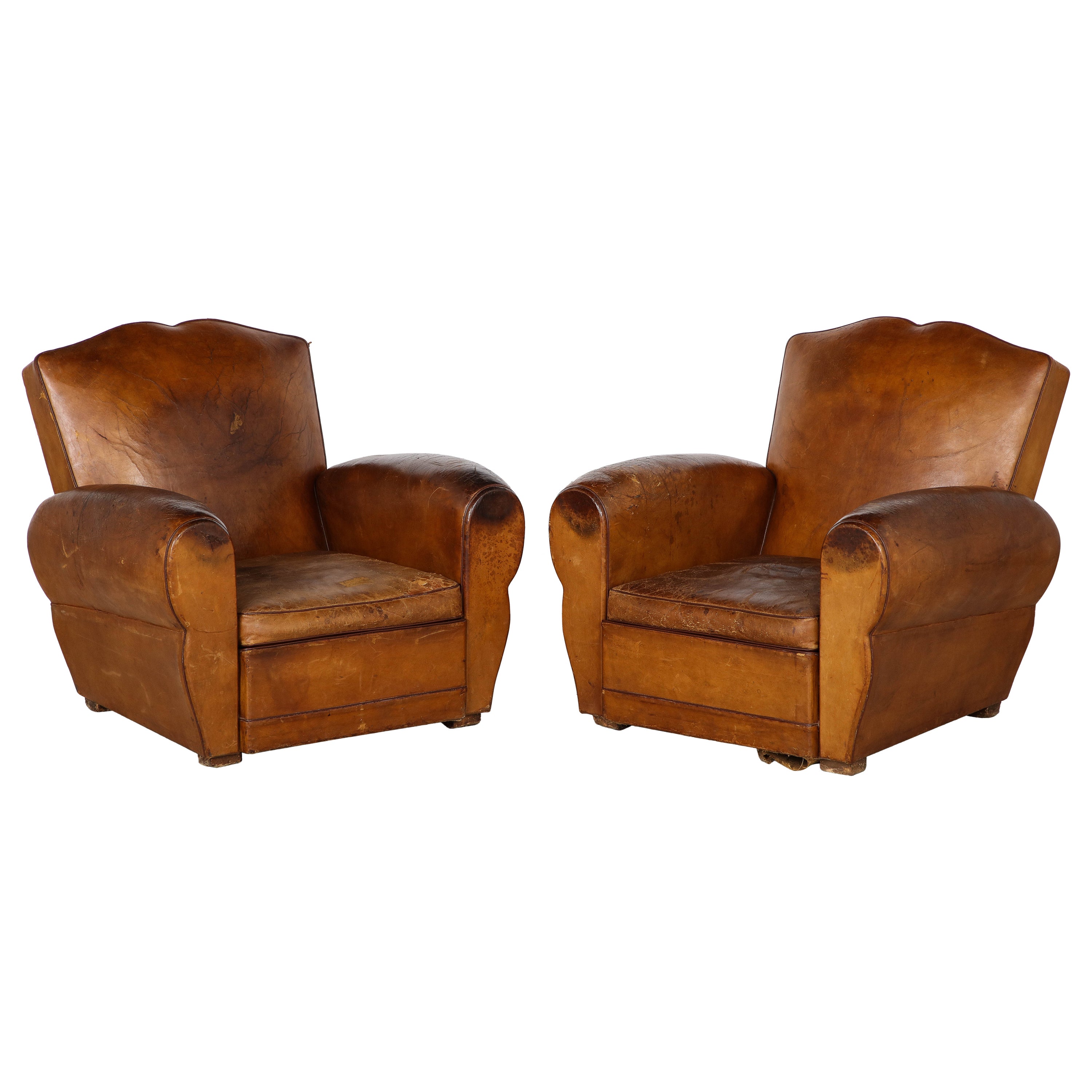 Pair of French Art Deco 'Moustache' Leather Club Chairs, Paris, circa 1920 