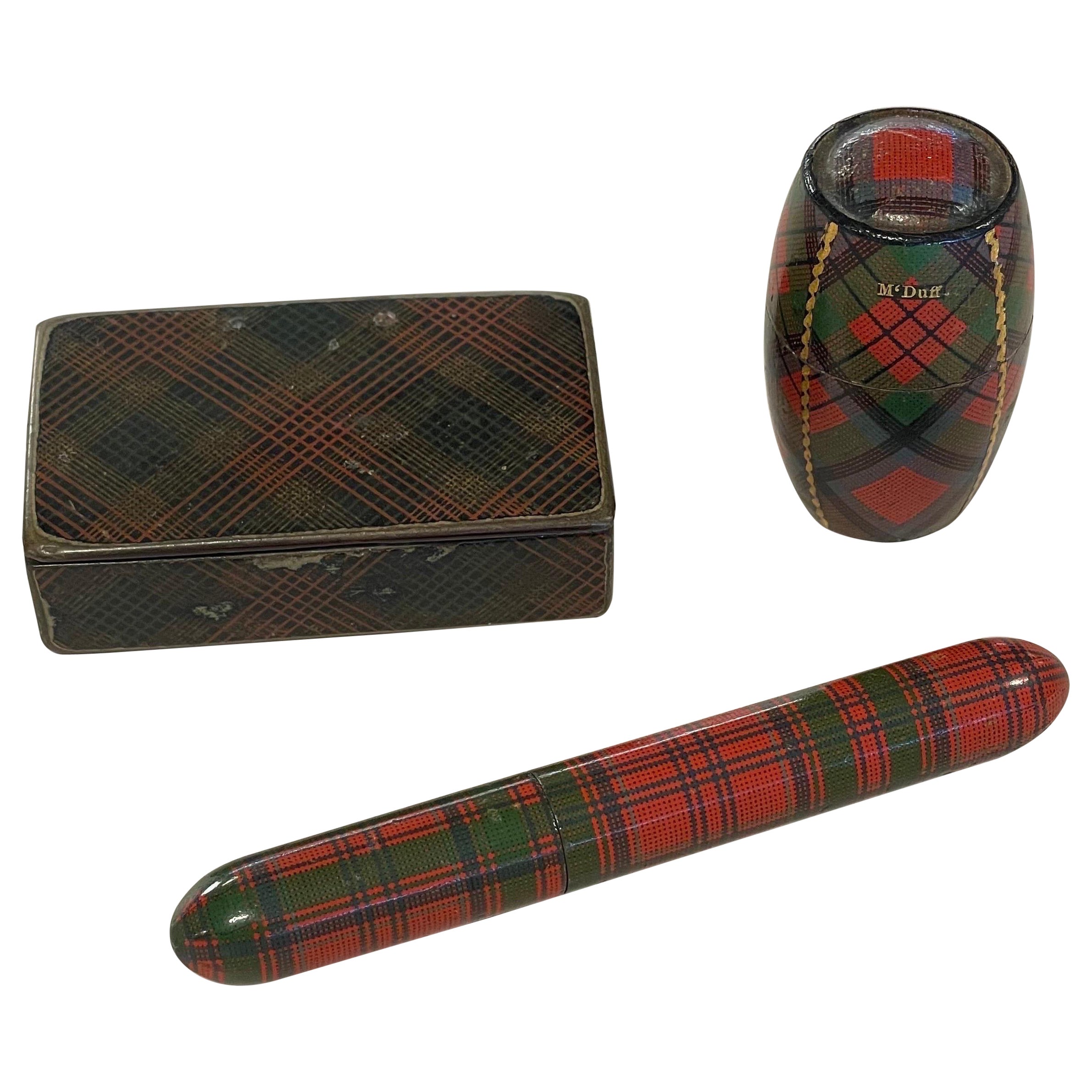 3 Pc, Antique Scottish Tartanware Sewing & Snuff Box Objects For Sale