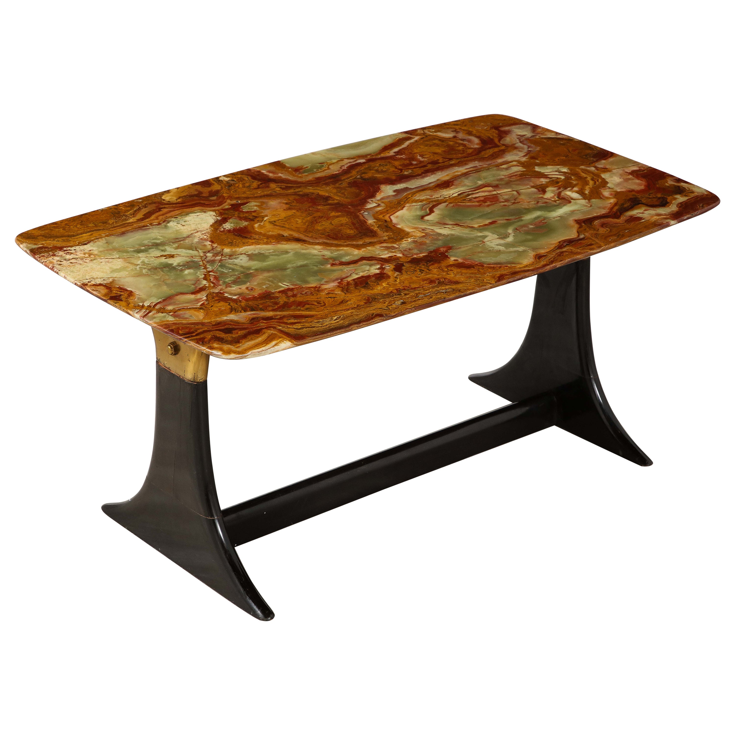 Guglielmo Ulrich Walnut, Agate and Brass Coffee Table, Italy, circa 1950  For Sale