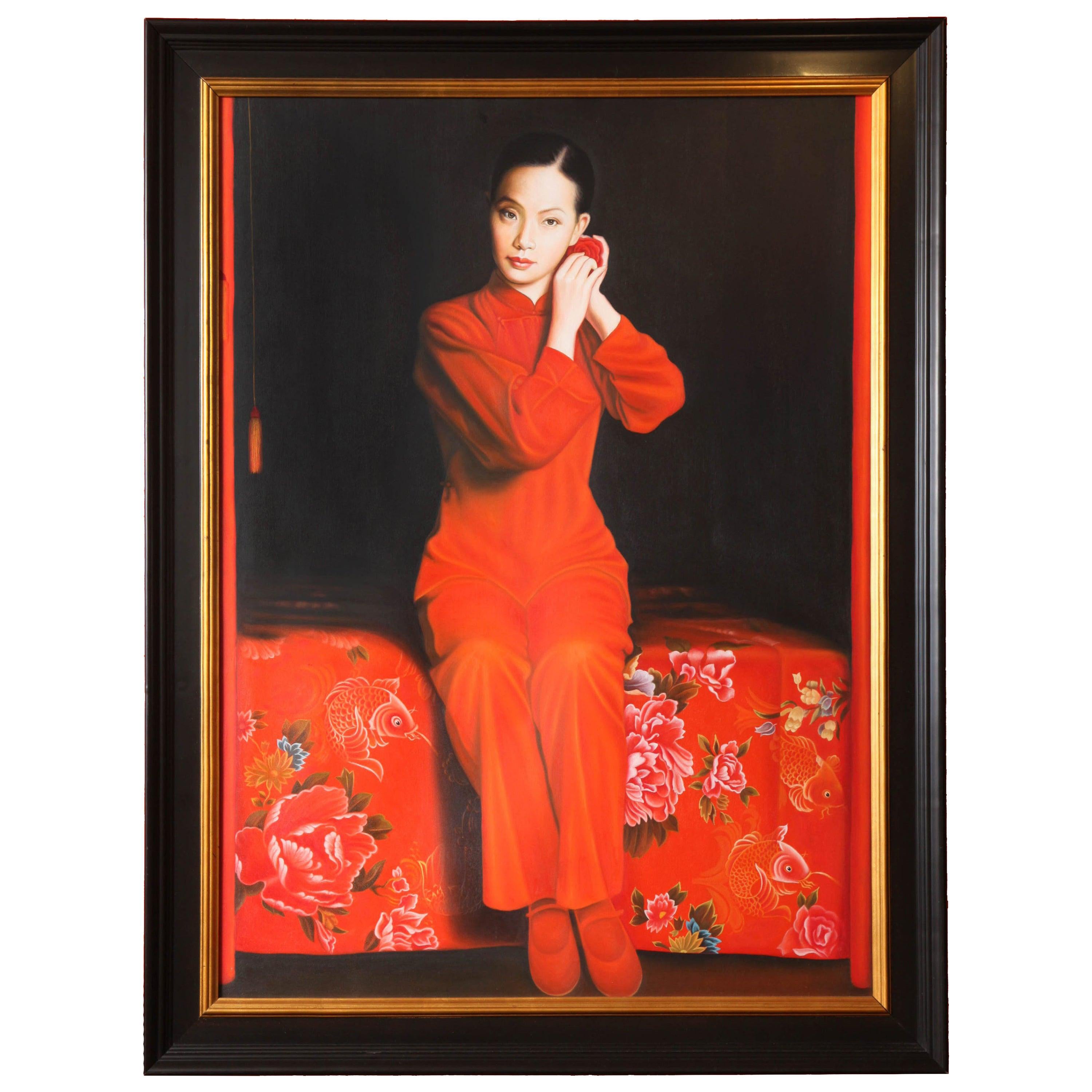 Painting by Hanoi Artist, circa 2007, "The Muse", Red and Black, Large, Framed