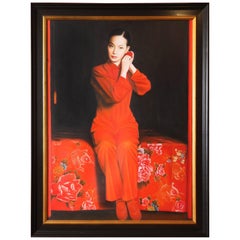 Painting by Hanoi Artist "The Muse", Red and Black, Black Frame circa 2007 Large