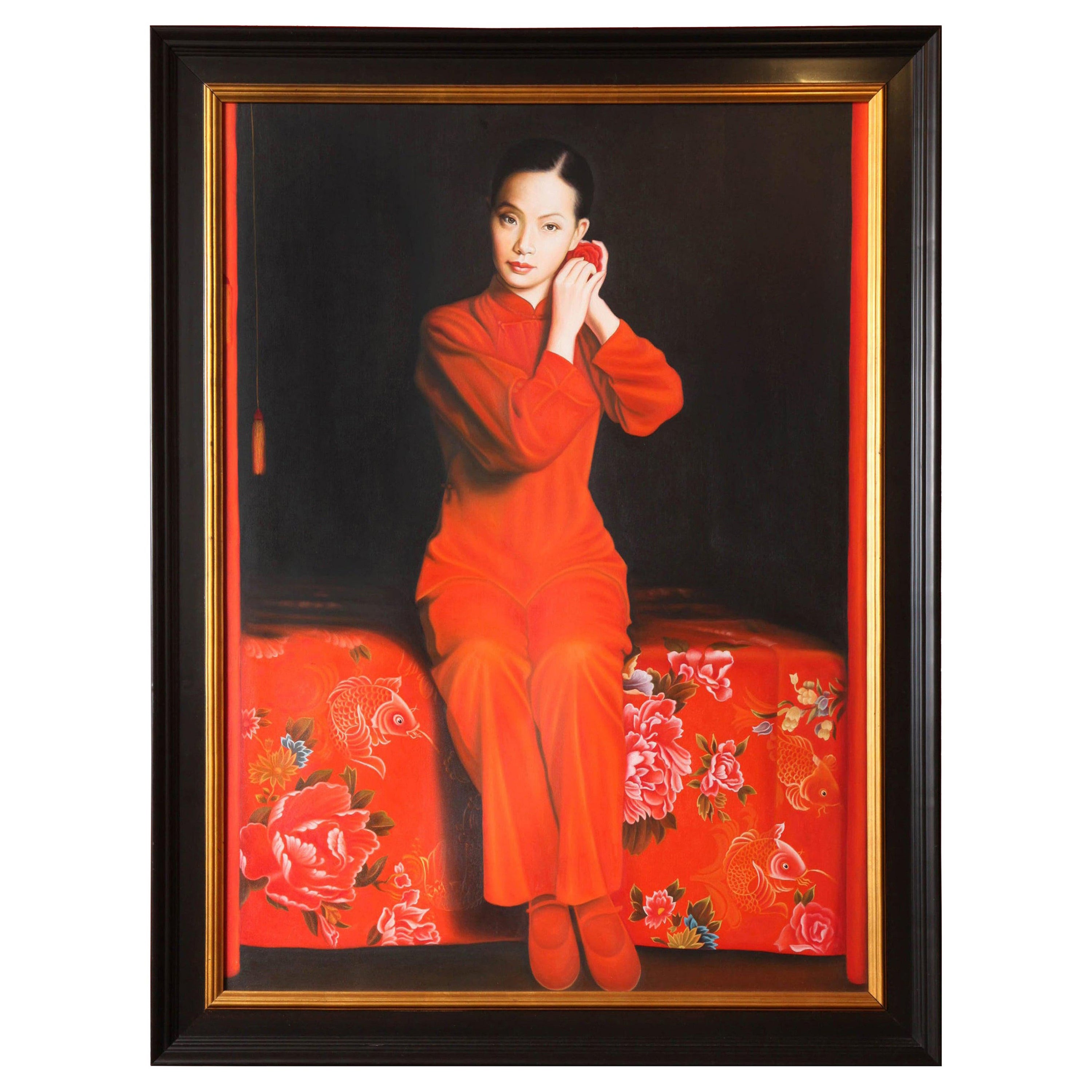 Painting by Hanoi Artist "The Muse", Red and Black, C 2007, Large Black Frame For Sale