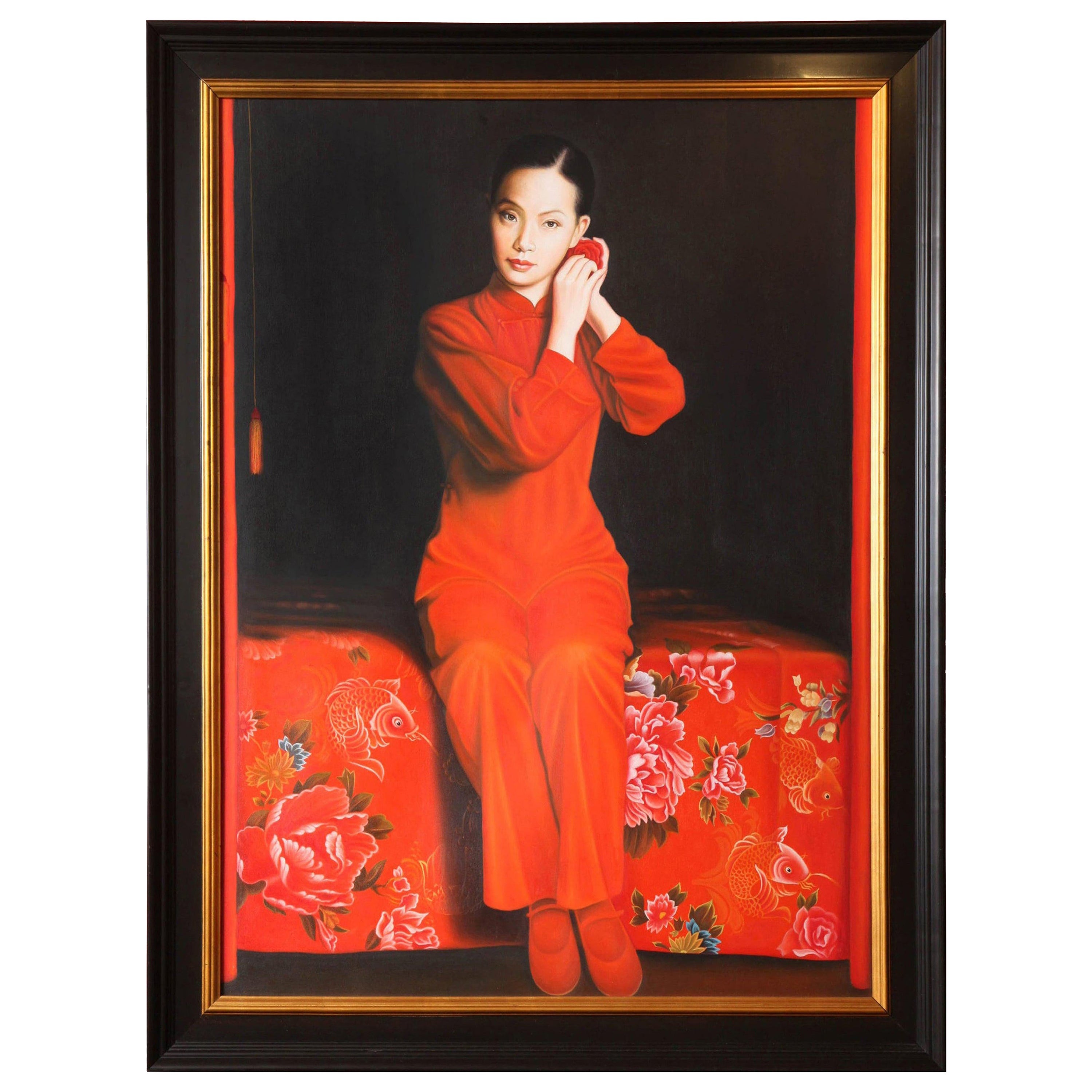 Painting by Hanoi Artist "The Muse", Red and Black, Large Black Frame, 2007 For Sale