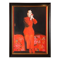 Pintura del artista de Hanoi "La musa", rojo y negro, marco negro grande, C 2007