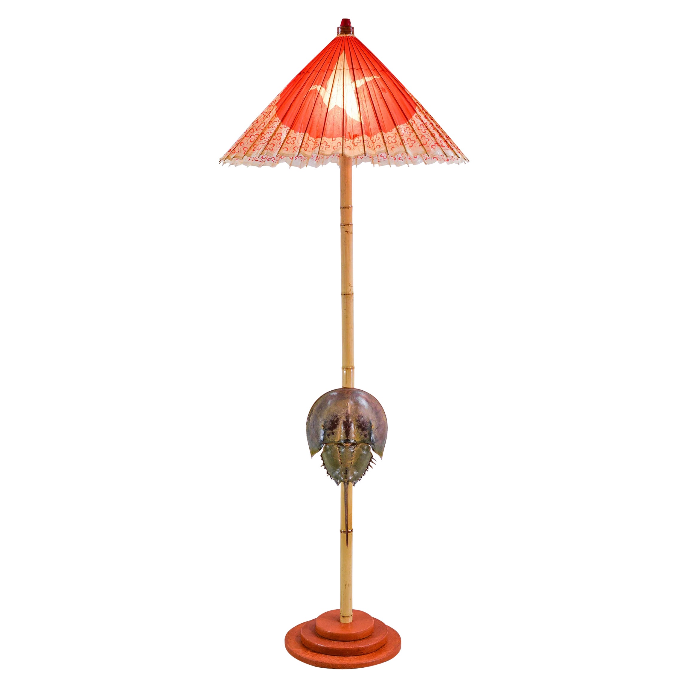 Jumbo Horseshoe Crab Lamp with Antique Parasol Shade by Christopher Tennant For Sale