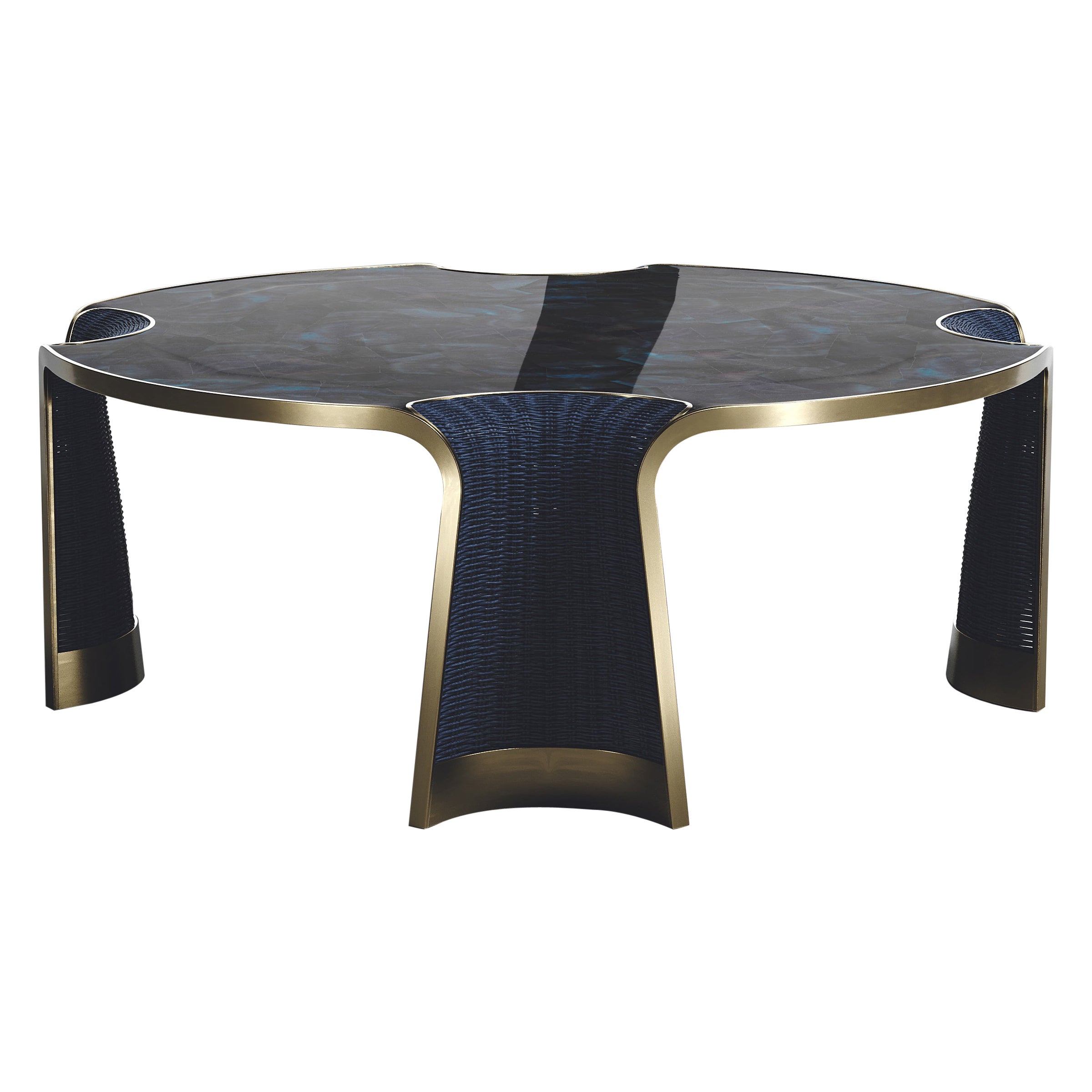 Table basse en rotin avec incrustation de coquillages et de bronze-patina par R&Y Augousti