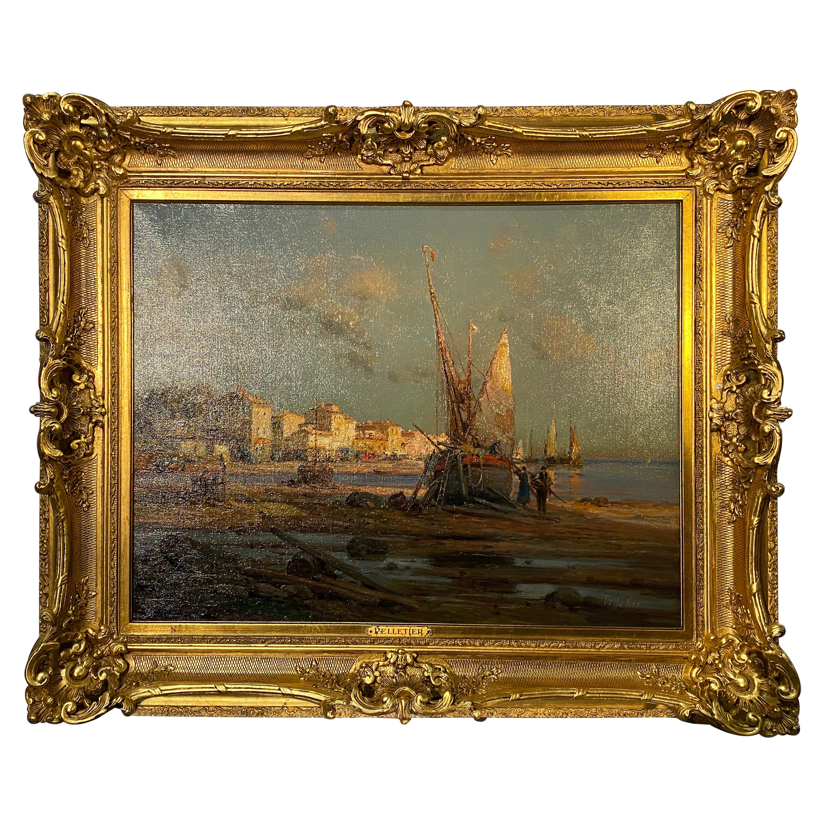Gemälde, Öl auf Leinwand, Französische Landschaft am Meer, von Pierre Jacques Pelletier