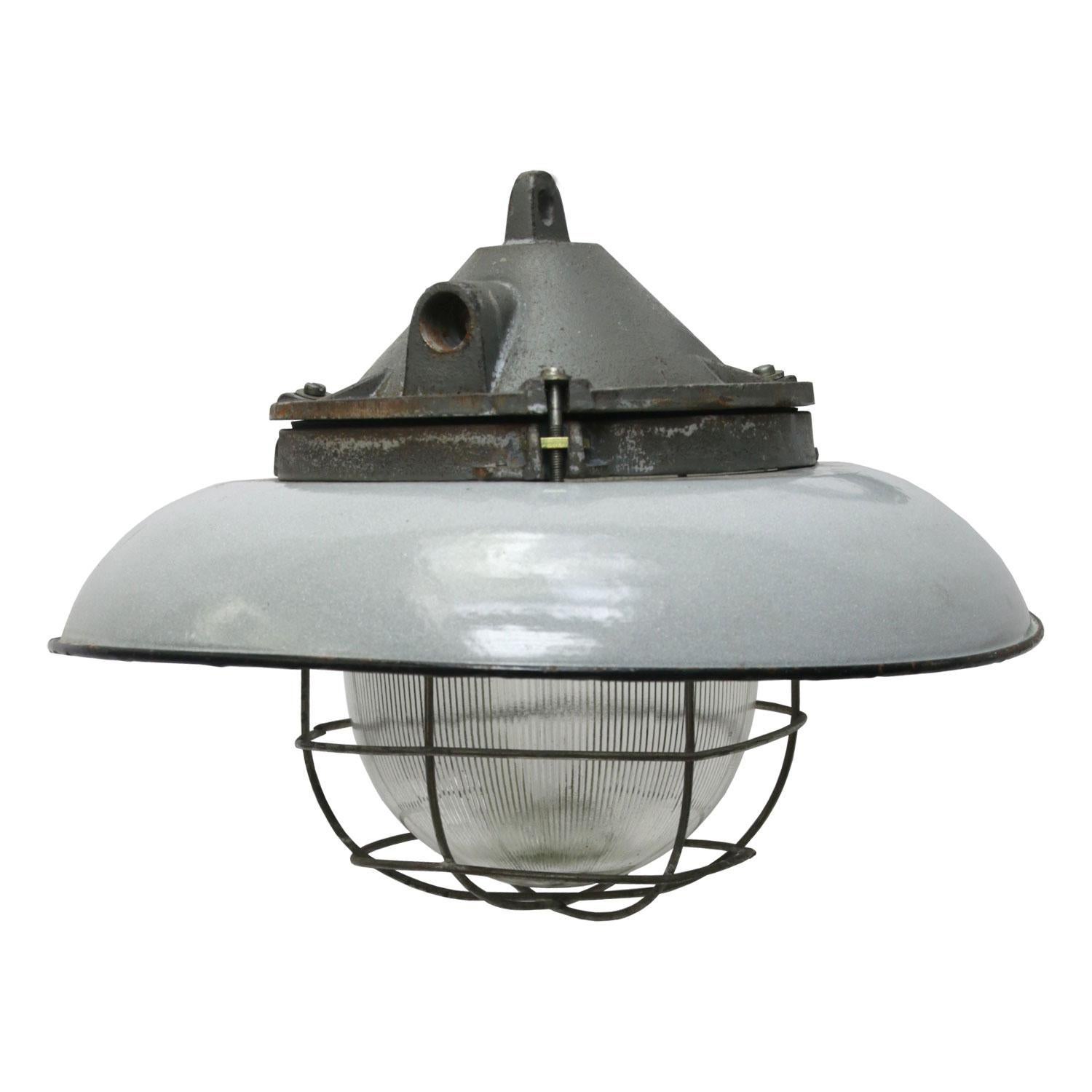 Light Grey Enamel Vintage Industrial Cast Iron Holophane Glass Pendant Lamps For Sale