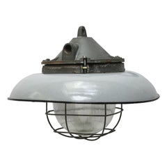 Light Grey Enamel Vintage Industrial Cast Iron Holophane Glass Pendant Lamps