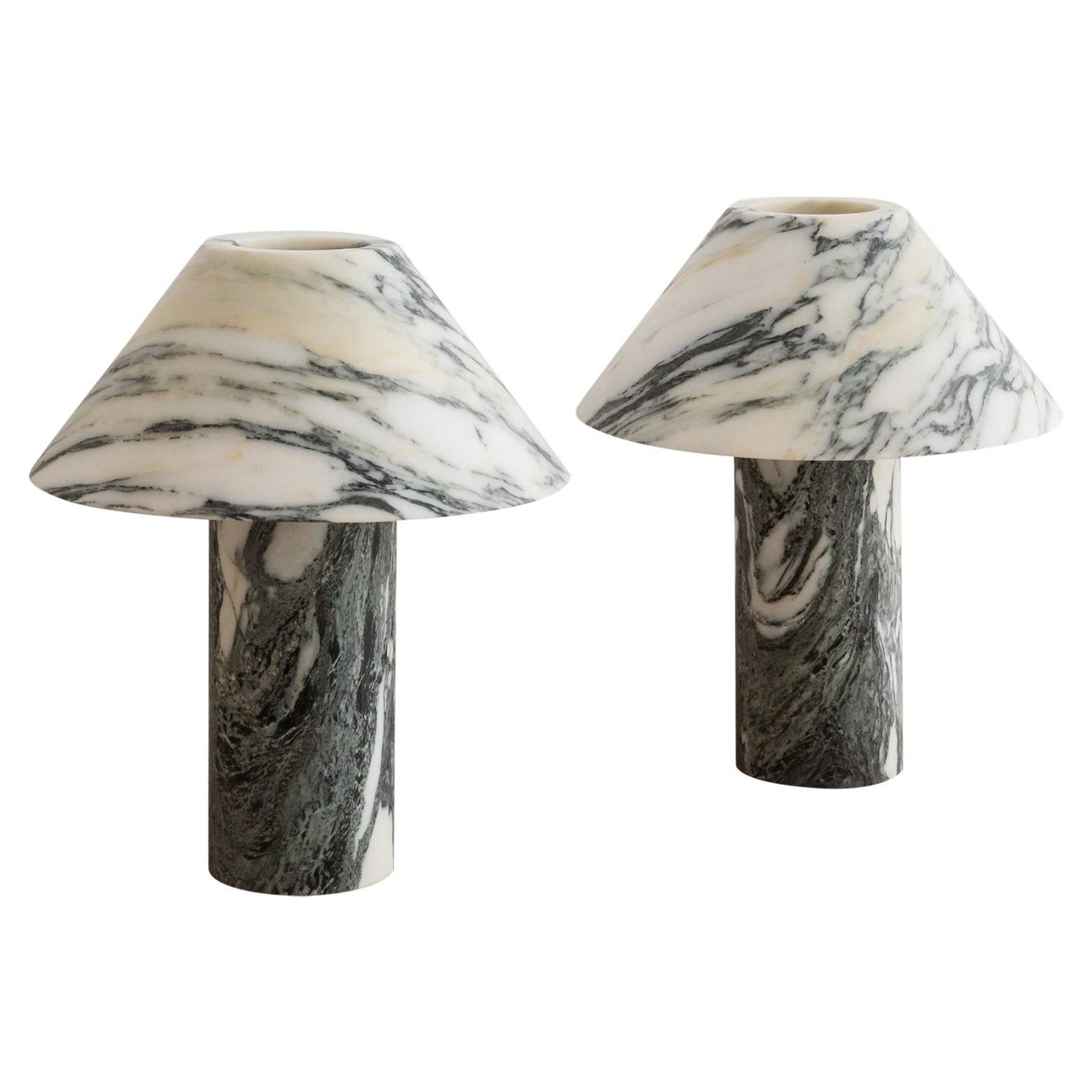 Set of 2 Large Arabescato Pillar Lamps by Henry Wilson For Sale