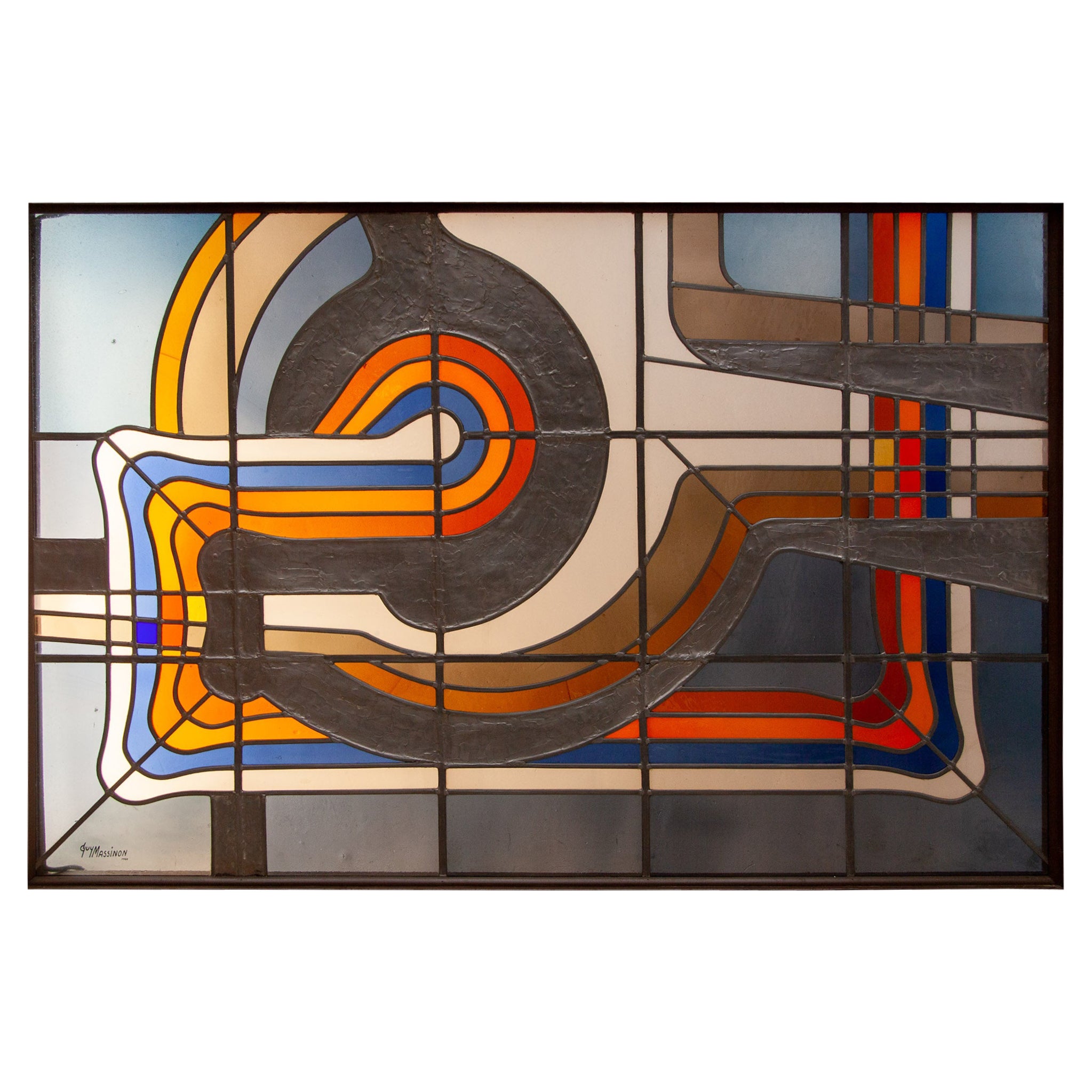 Large Modern Guy Massinon Colored Glass Window, Stained Glass, Belgium, 1980 For Sale