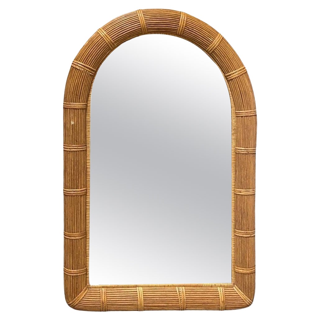 Restored Arched Pencil Reed Rattan Wall Mirror with Wrapping For Sale