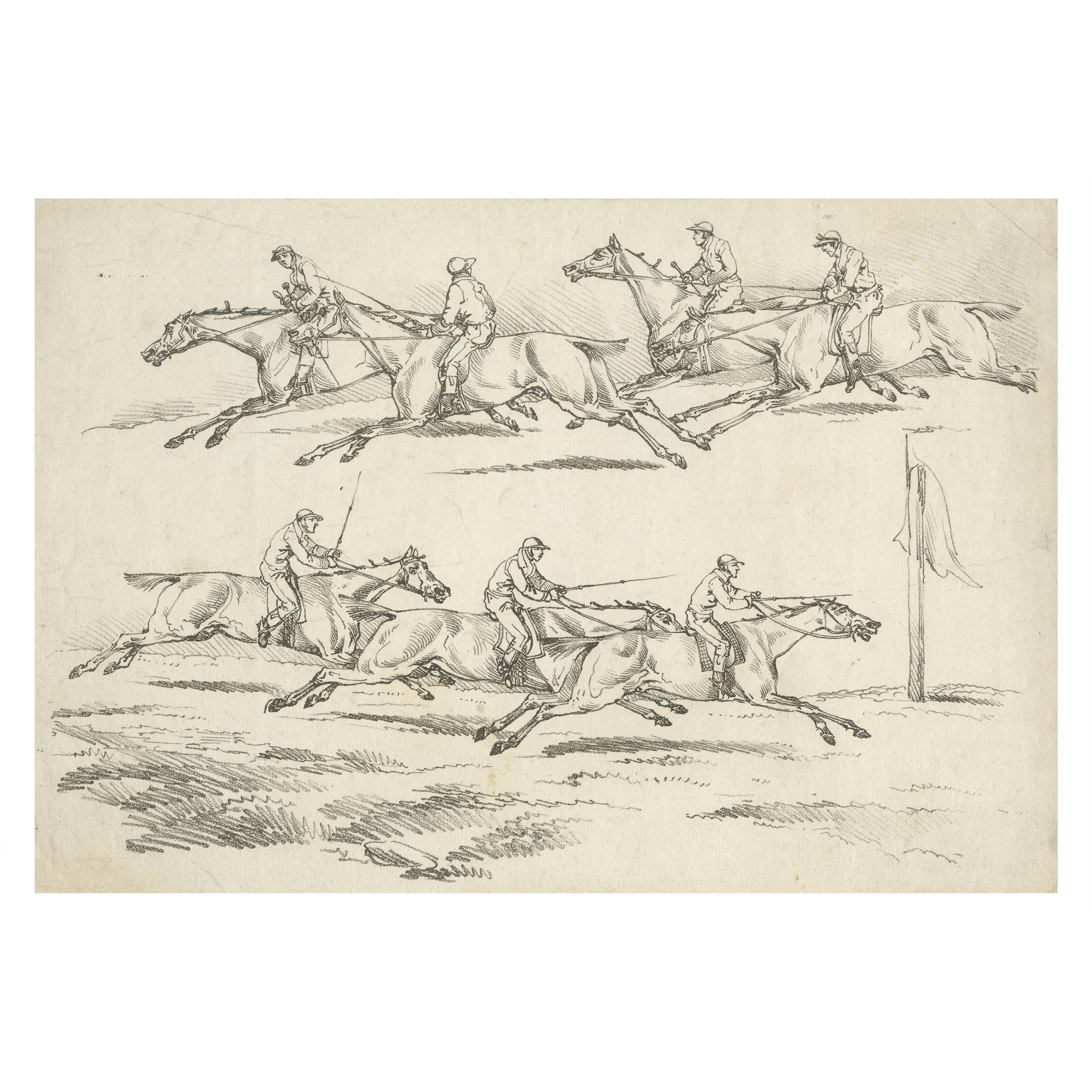 Originaler unfarbiger antiker Druck eines Pferderennens in England, 1817