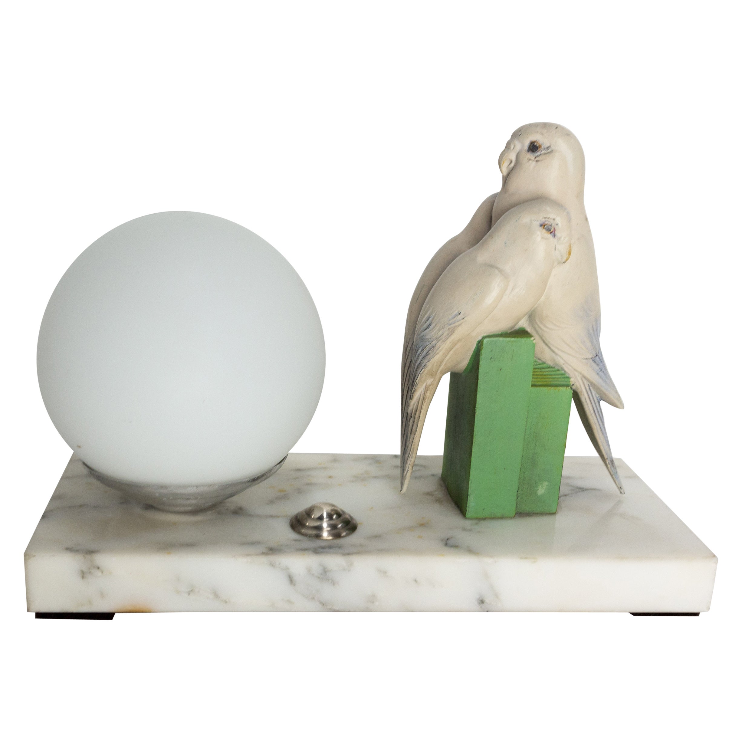 French Art Deco Table Lamp, Painted Spelter & Marble, Three Parakeets, c. 1930