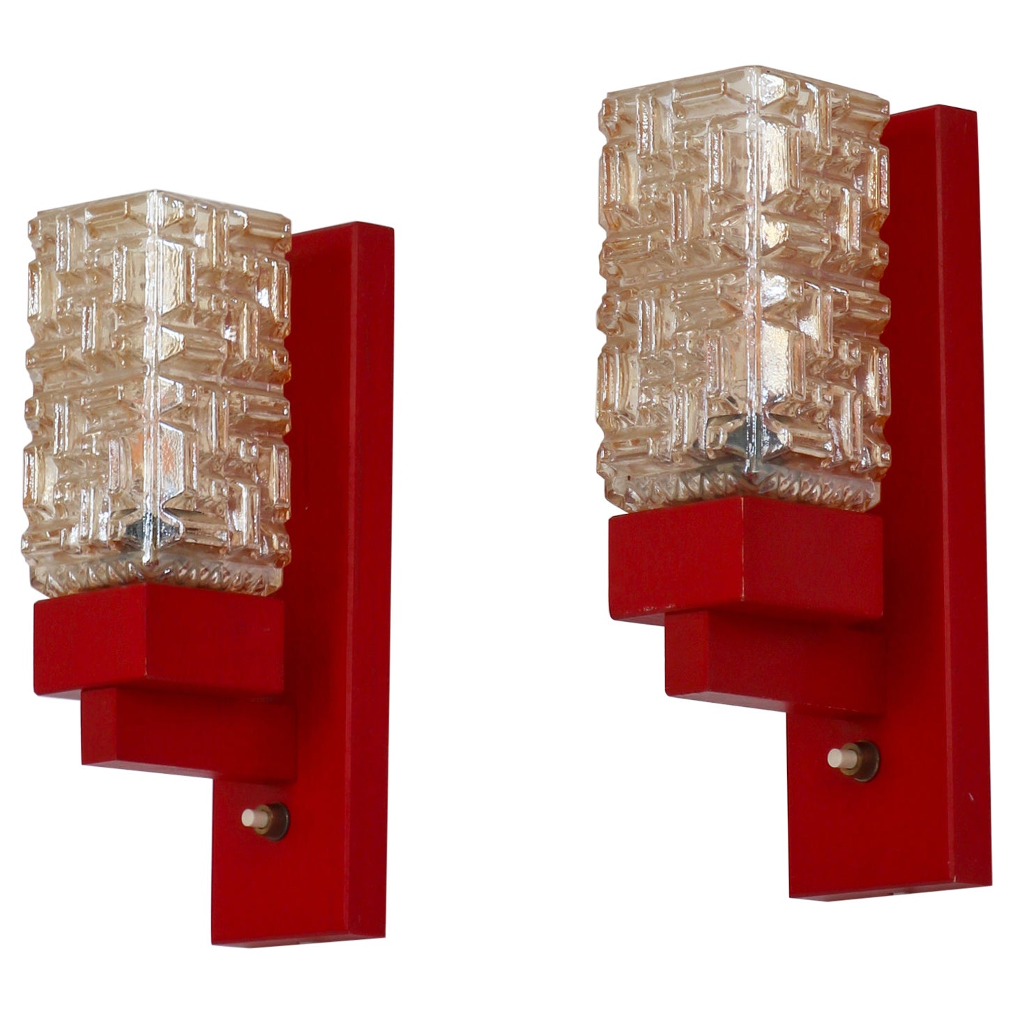 Set of "Vitrika" Wall Lamps in Red Lacquered Wood & Amber Glass, Denmark, 1970s For Sale