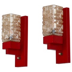 Set of "Vitrika" Wall Lamps in Red Lacquered Wood & Amber Glass, Denmark, 1970s