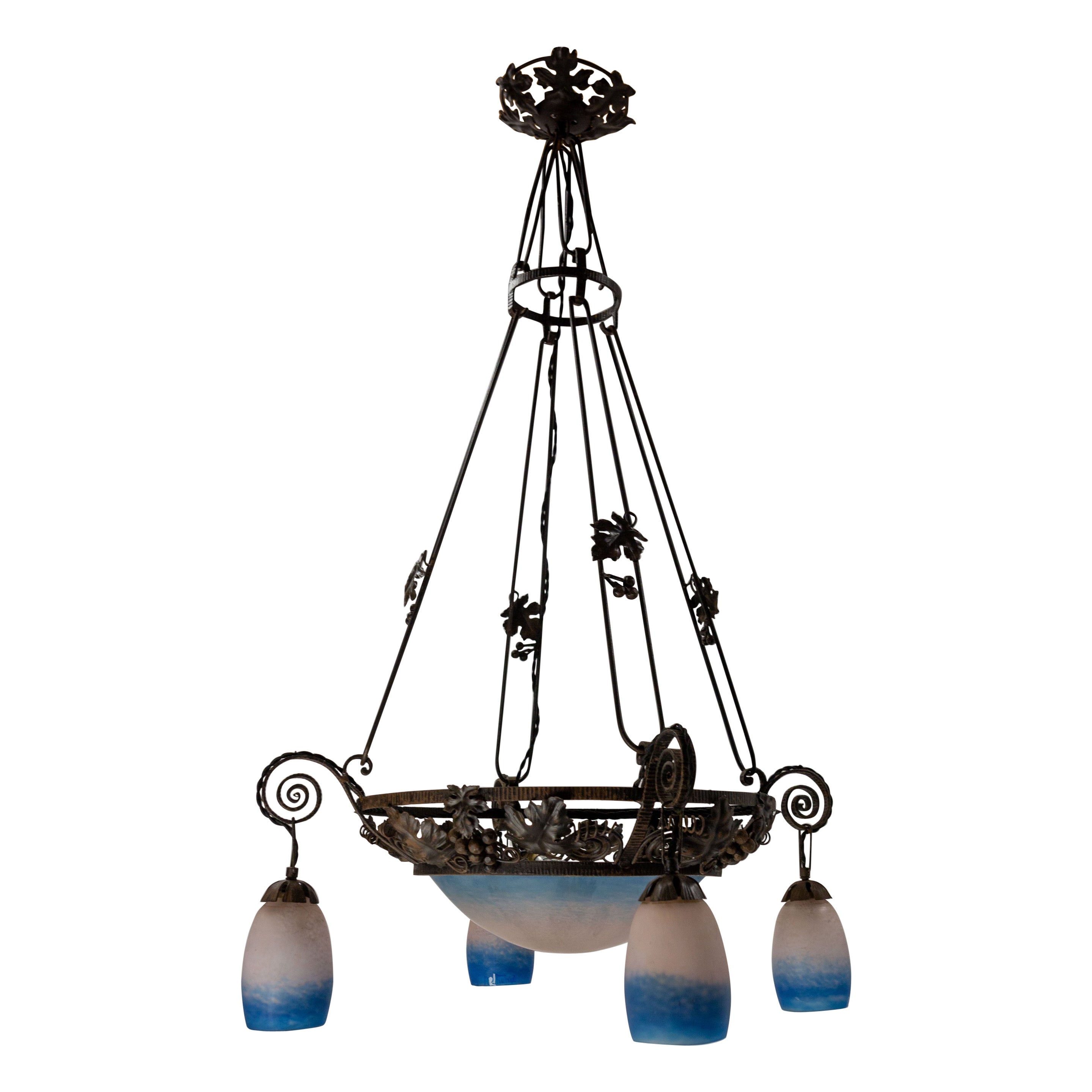 French Art Deco Chandelier Colored Glass & Wrought Iron Ceiling Pendant, C 1930