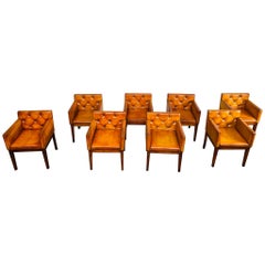 Set of 8 Mid-Century Leather Oak Dinning Chairs Hand Dyed Light Tan #612