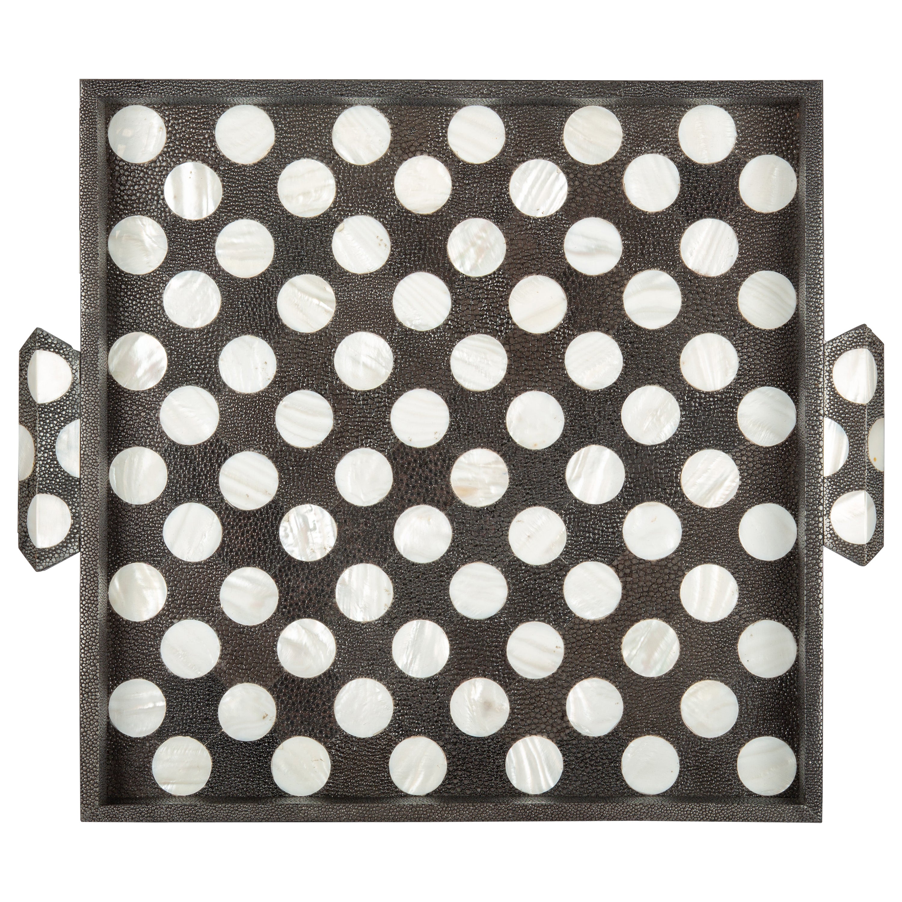 Quadratisches Tablett mit schwarzem und weißem Polka Dot Shagreen und Perlmutt im Angebot