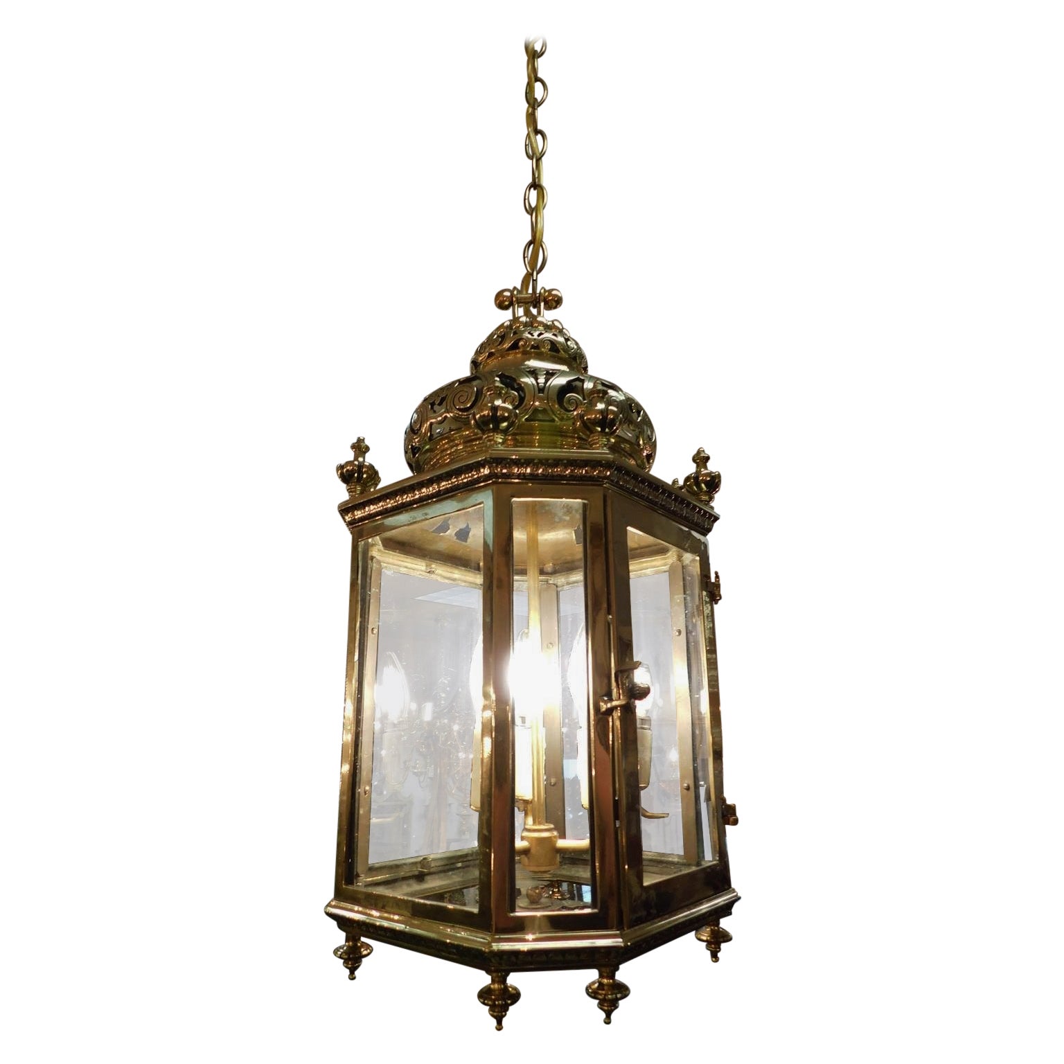 English Brass Octagon Decorative Chased Dome Glass Hall Lantern, Circa 1820