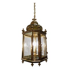 Antique English Brass Octagon Decorative Chased Dome Glass Hall Lantern, Circa 1820