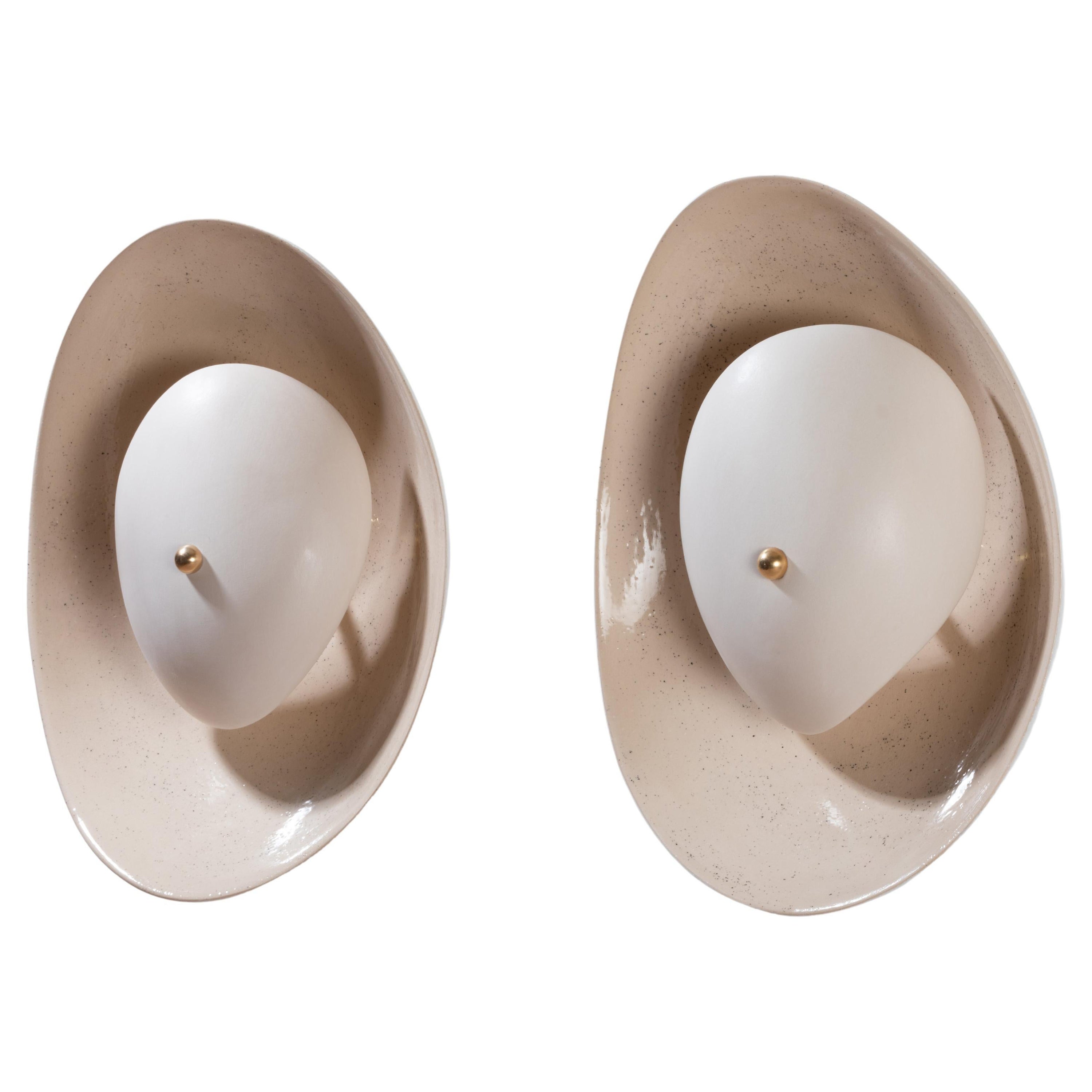 Set of 2 Contemporary Textured Sculptural Ceramic & Brass Sconces by Elsa Foulon