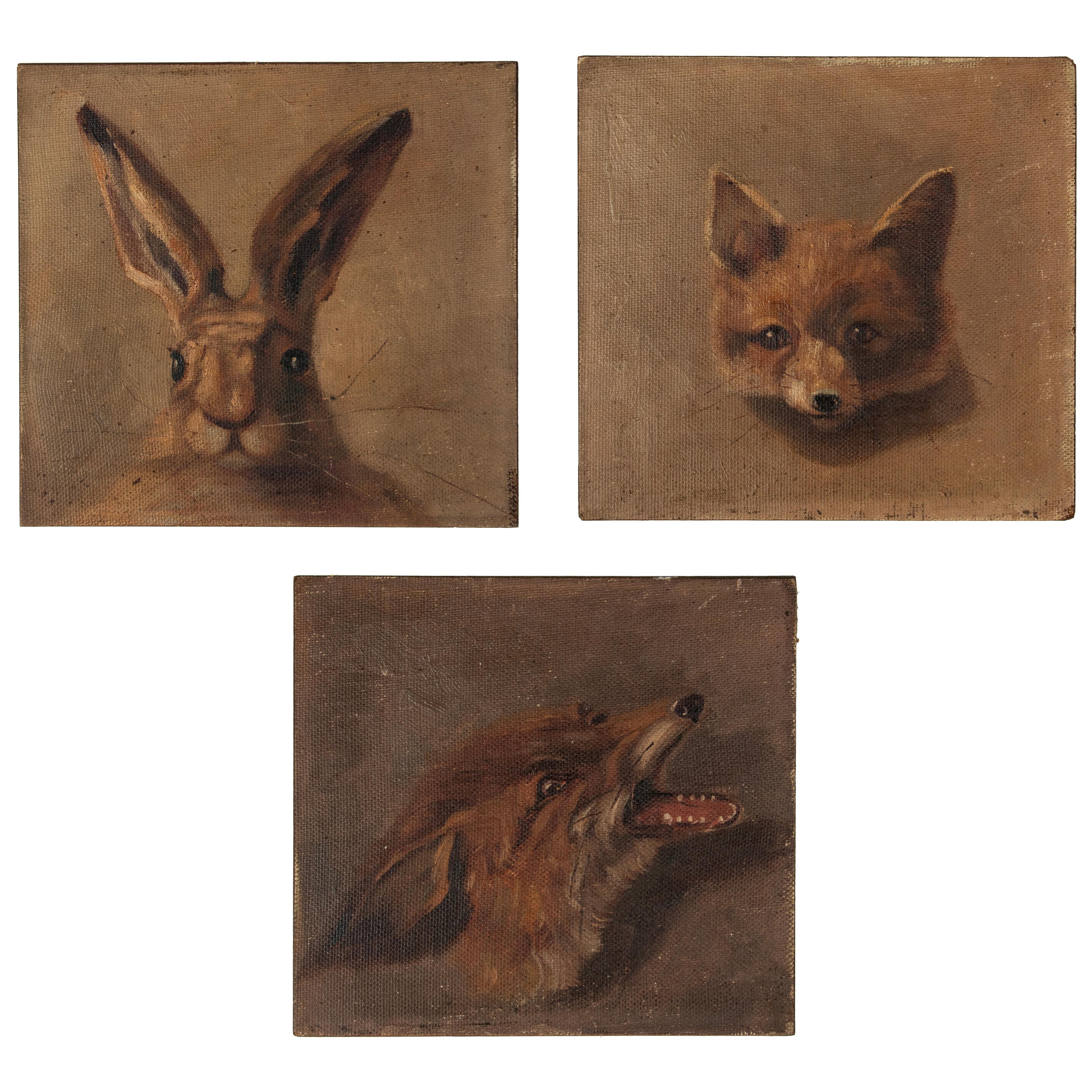 Porträt-Ölgemälde des frühen 20. Jahrhunderts mit Haren und Fuchsen