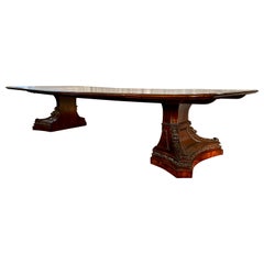 Antique English Carved Rosewood 2 Pedestal Dining Table with Leaves, circa 1880