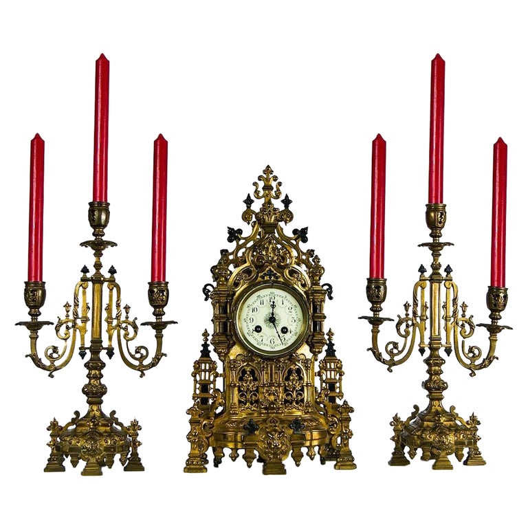 Antique Japy Frere Mantle Clock and Garnitures Set, circa 1870s For Sale