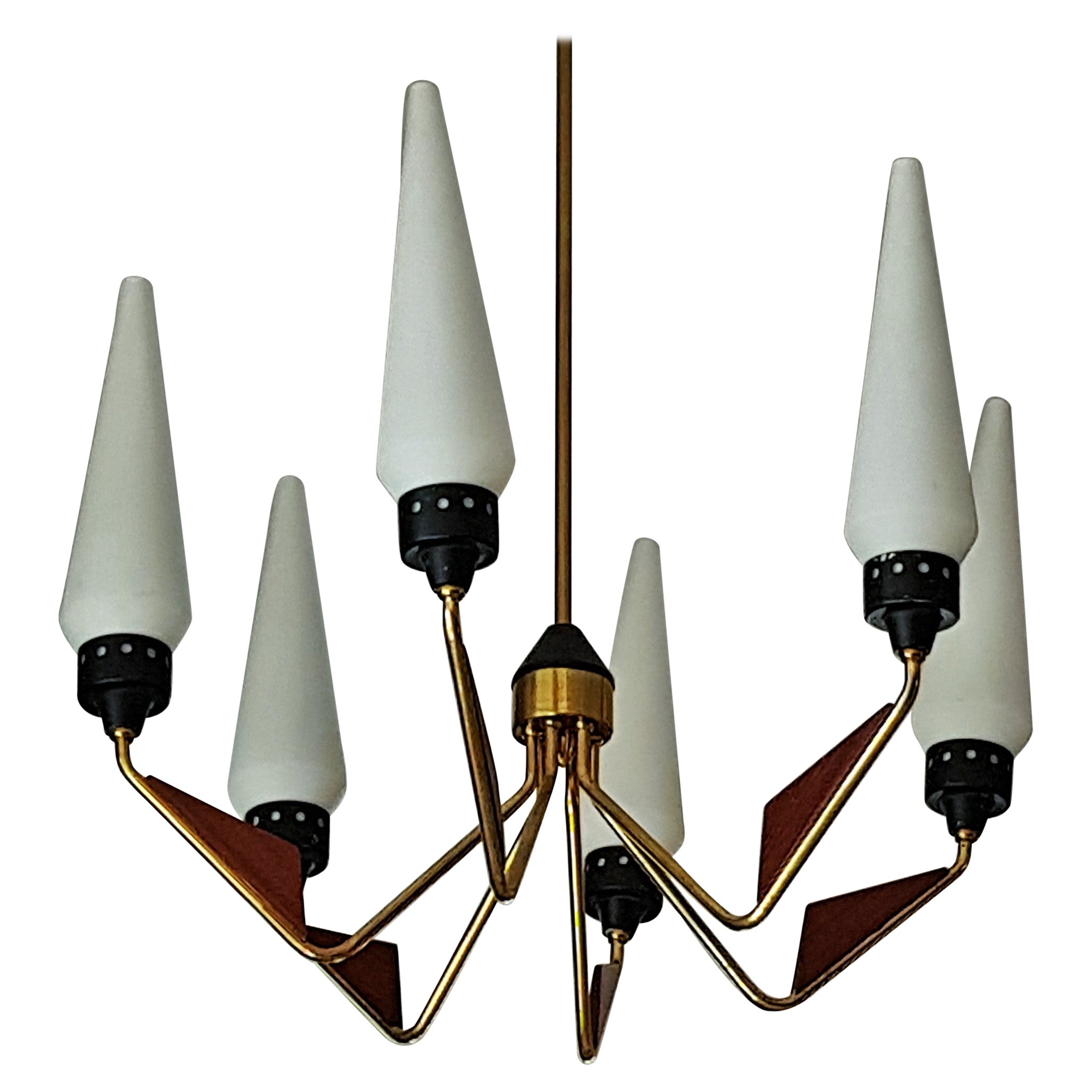 Mid-Century Stilnovo Chandelier, Brass and Teak, Italy 1950s For Sale