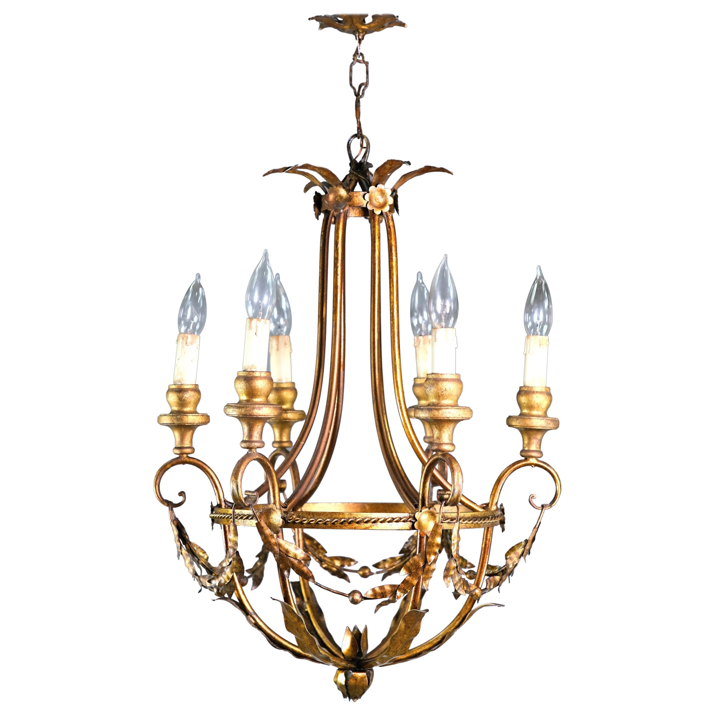 Restored Gold Gilt Wood Chandelier from Italy 6 Arms Crystals