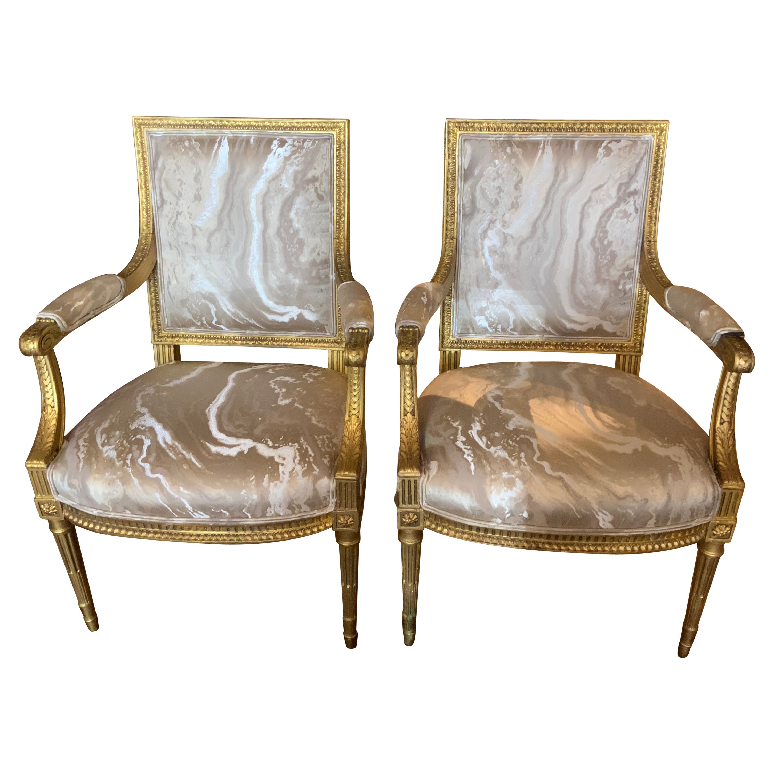 Louis XVI-Style giltwood arm chairs/fauteuils 19 thc. With square backs For Sale