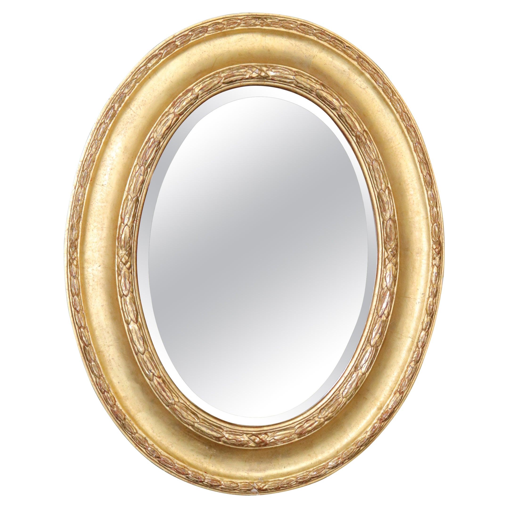 Fine Quality Oval Genuine Gold Leaf French Louis XVI Beveled Oval Mirror For Sale