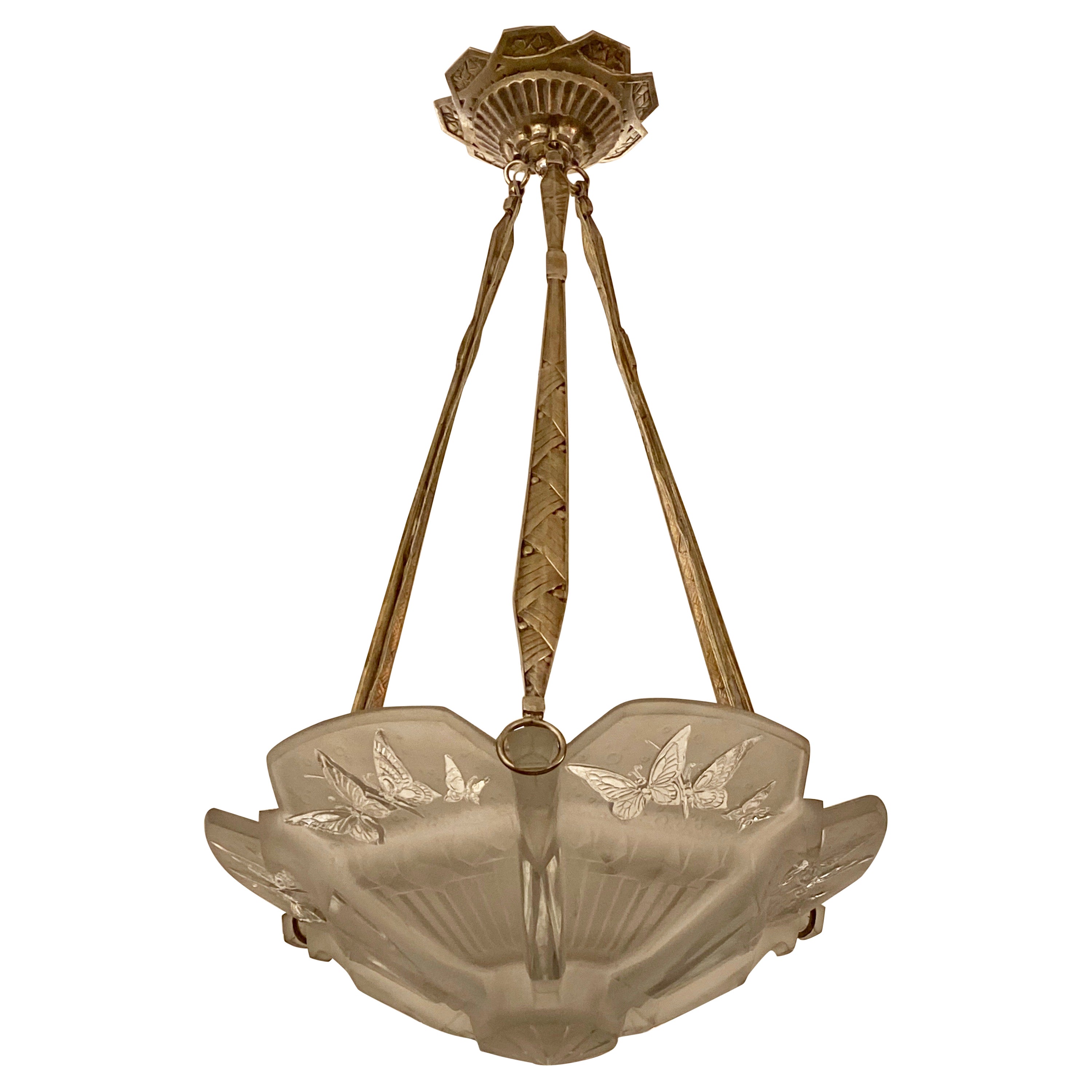 French Art Deco Butterfly Chandelier Signed by Muller Freres Luneville For Sale