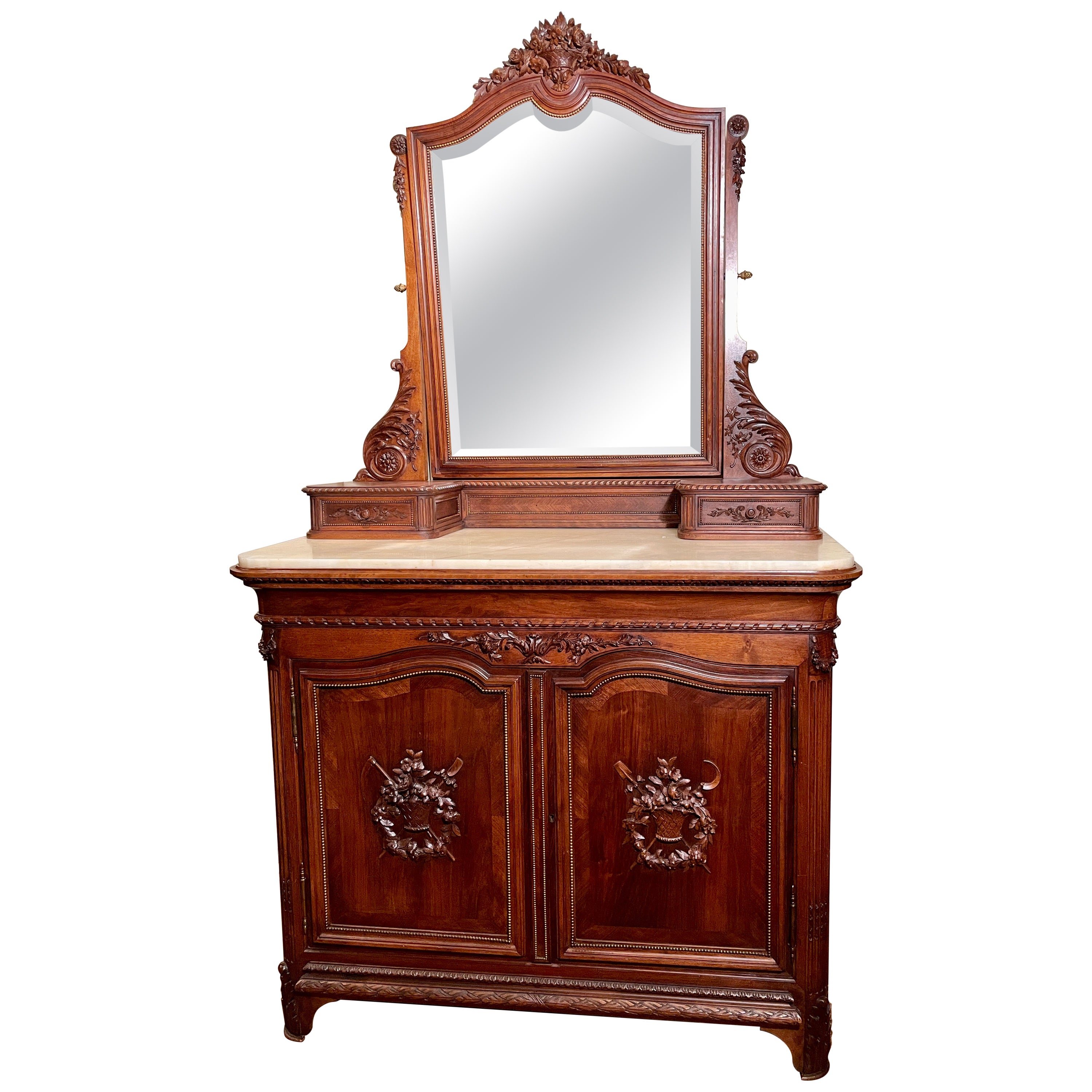 Antique French Louis XVI Carved Mahogany Marble Top Dresser with Mirror, c 1890 For Sale