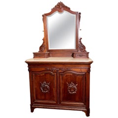 Used French Louis XVI Carved Mahogany Marble Top Dresser with Mirror, c 1890