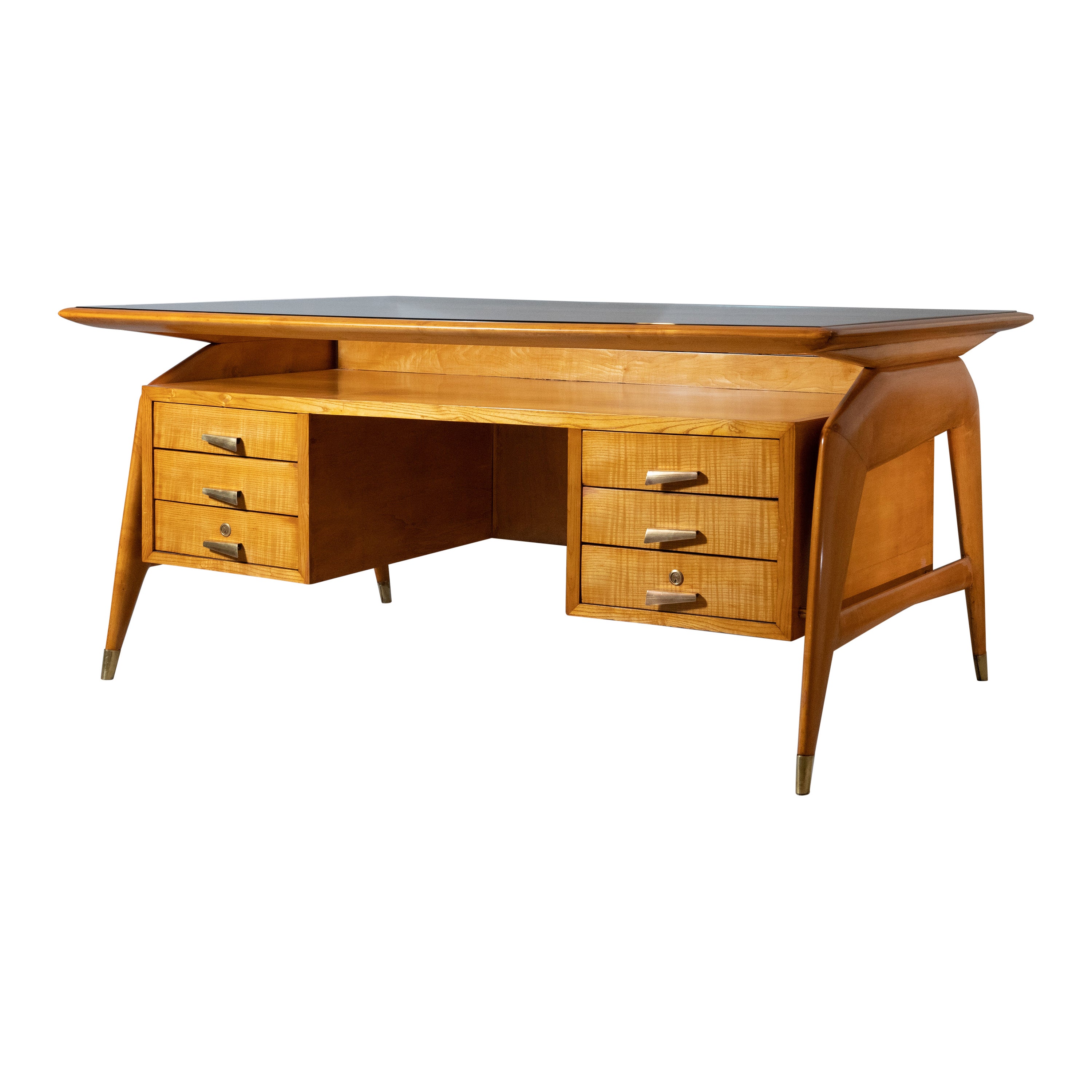 Carlo di Carli: Desk in Fruitwood, Brass, and Glass, Italy 1950s For Sale