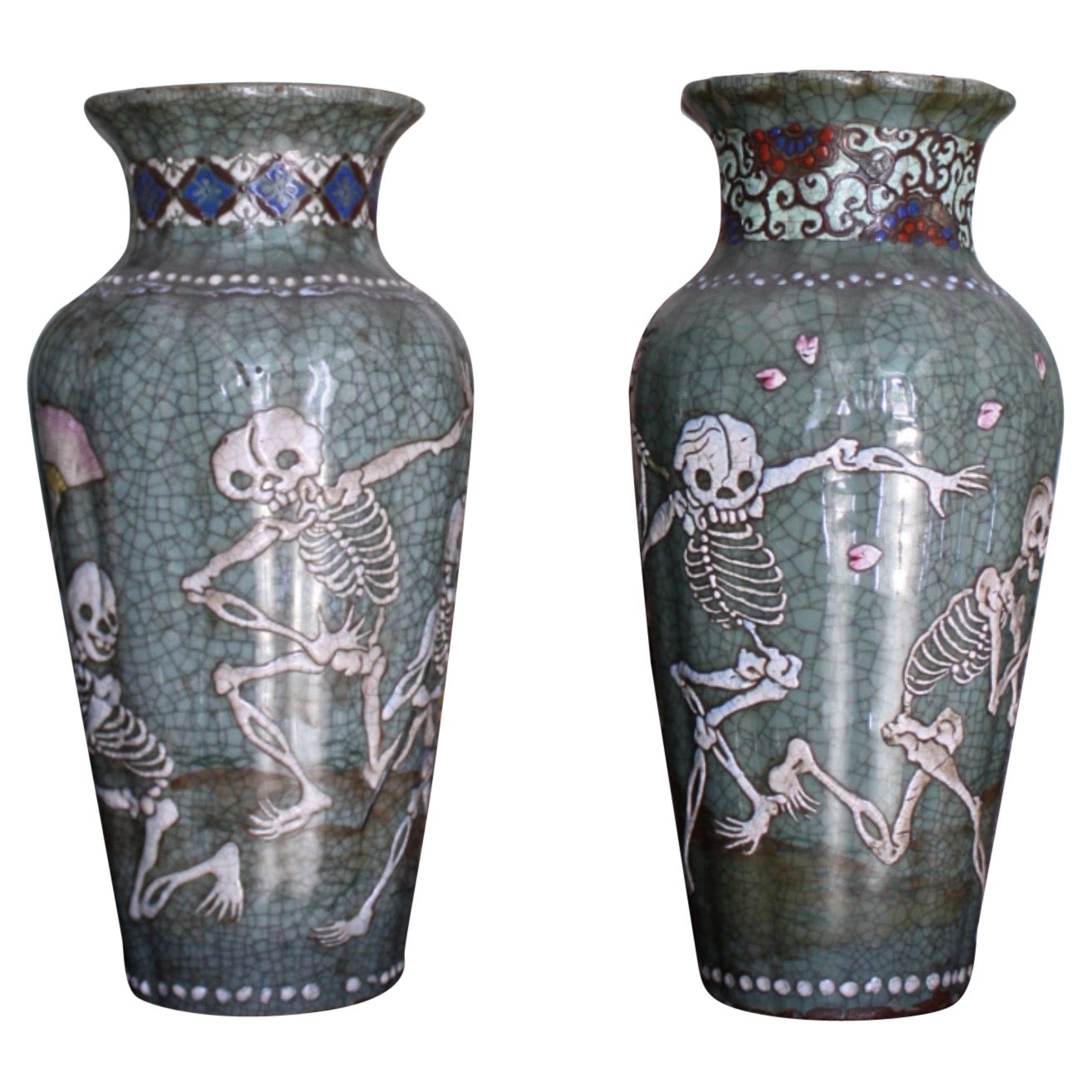 1900 Pair of Japanese Asian Oriental Seto Ware Skeleton Vases 