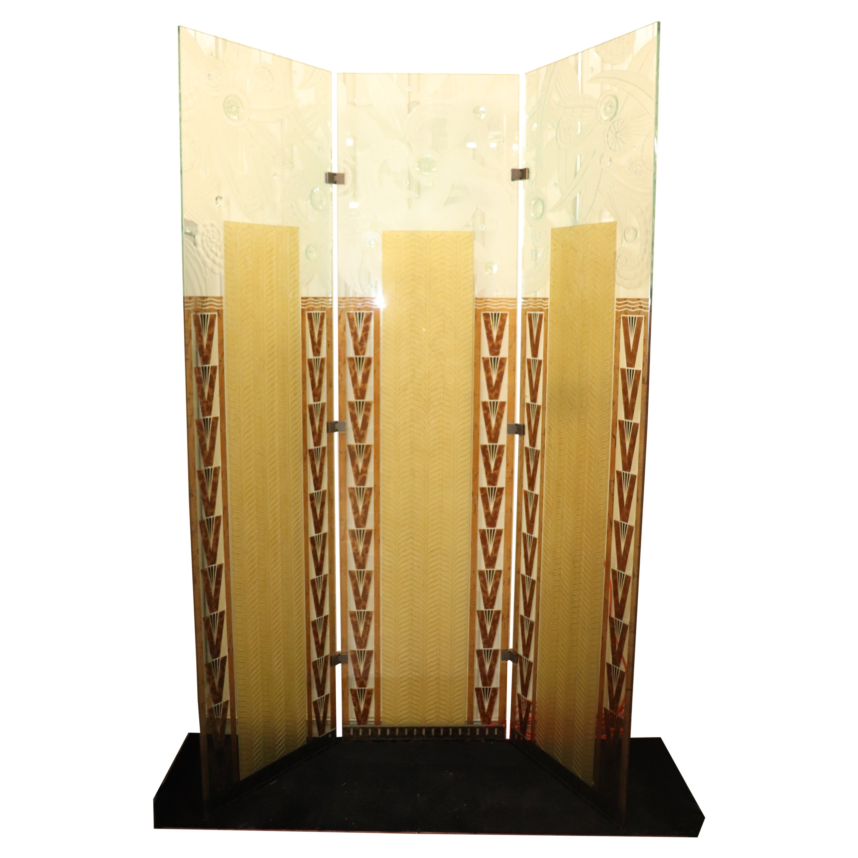 Etched Glass and Eglomise Three Panel Skyscraper Style Art Deco Divider For Sale