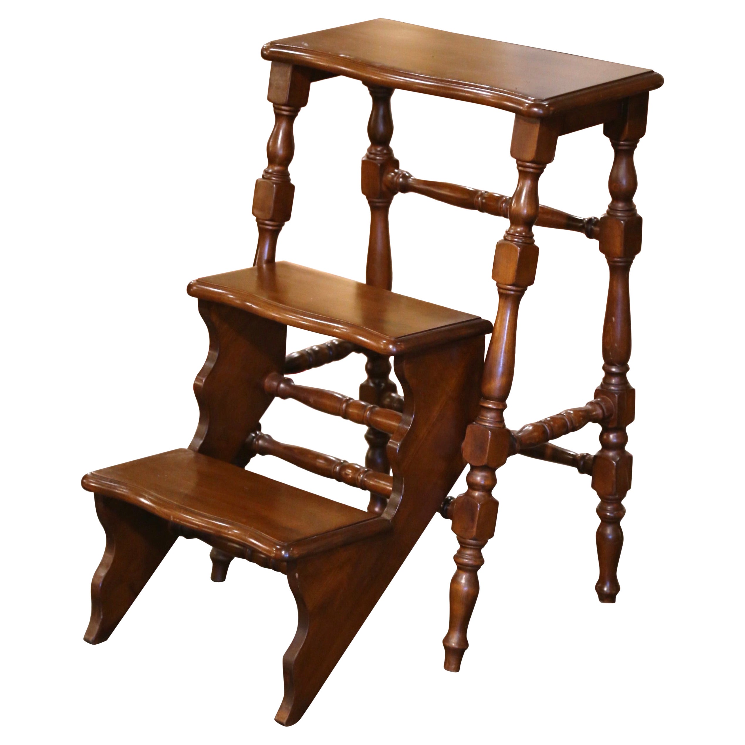 Mid-Century French Carved Beech Wood Metamorphic Folding Library Step Ladder