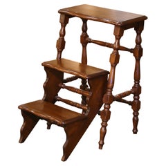 Retro Mid-Century French Carved Beech Wood Metamorphic Folding Library Step Ladder