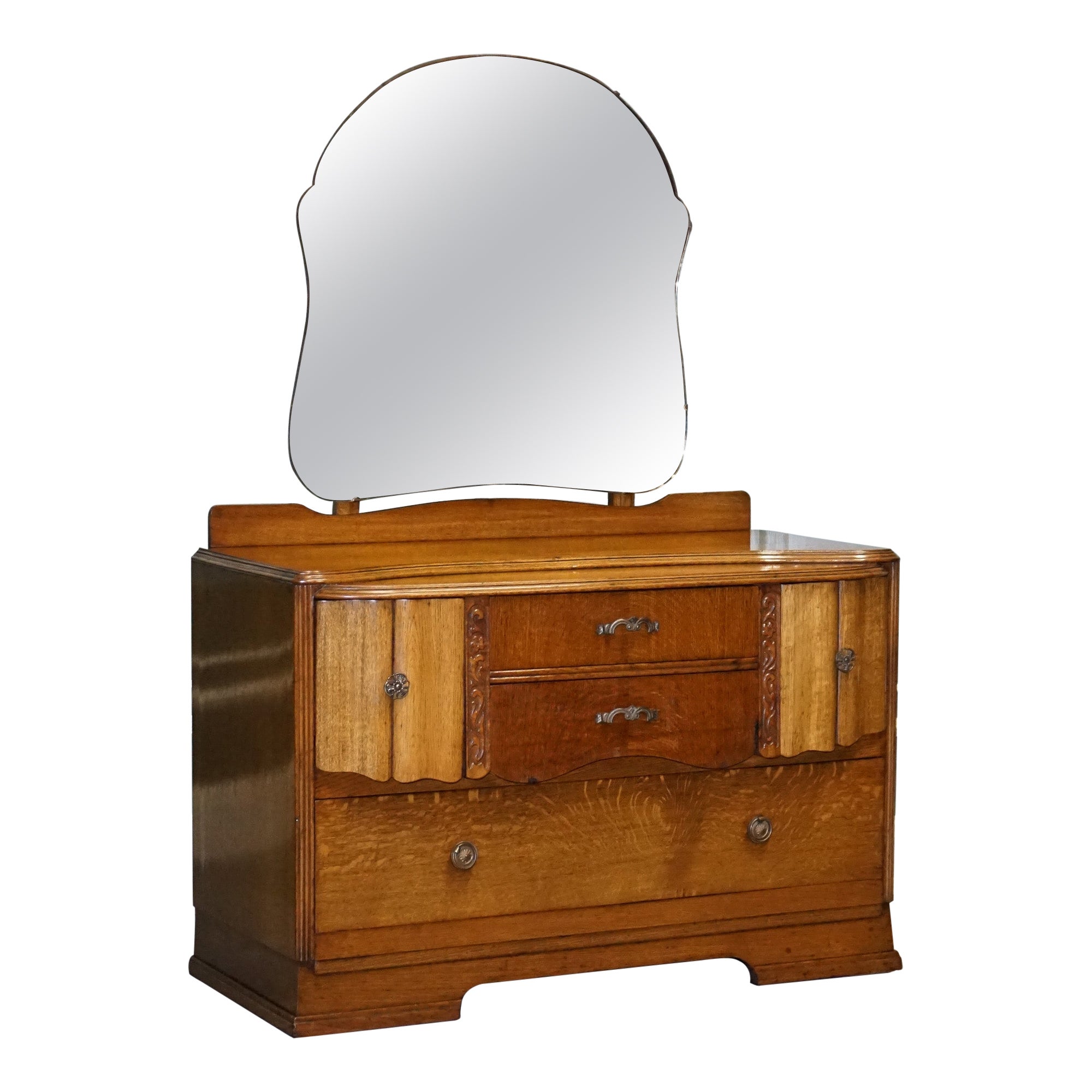 LOVELY VINTAGE ART DECO HAND CARVED OAK DRESSING TABLE WITH MiRROR For Sale