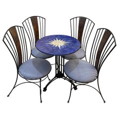 Lapis and Mother of Pearl Pietra Dura Cafe Table and Four Iron Chairs w/ Cushion