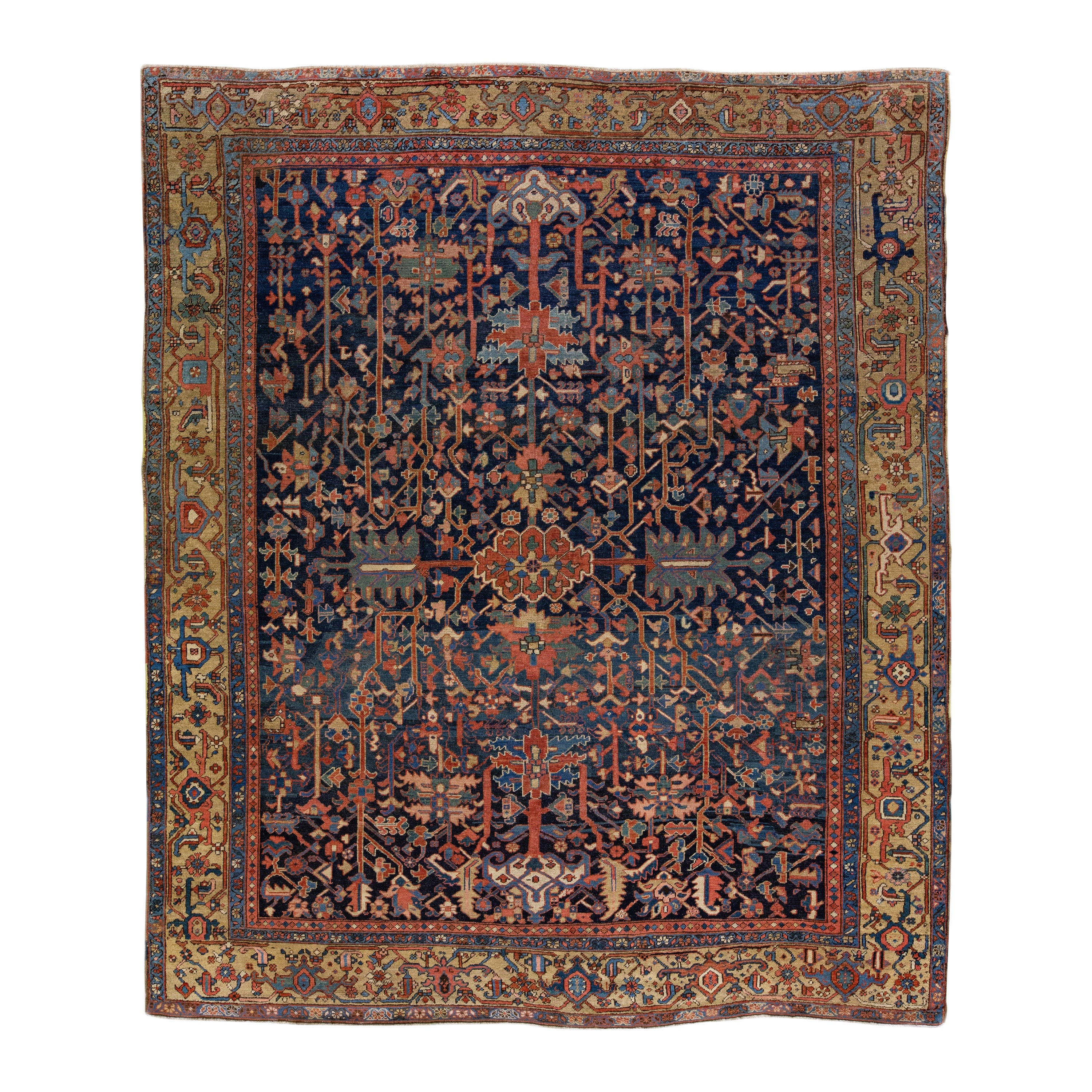 Early 20th Century Handmade Antique Blue Heriz Wool Rug with Allover Design For Sale