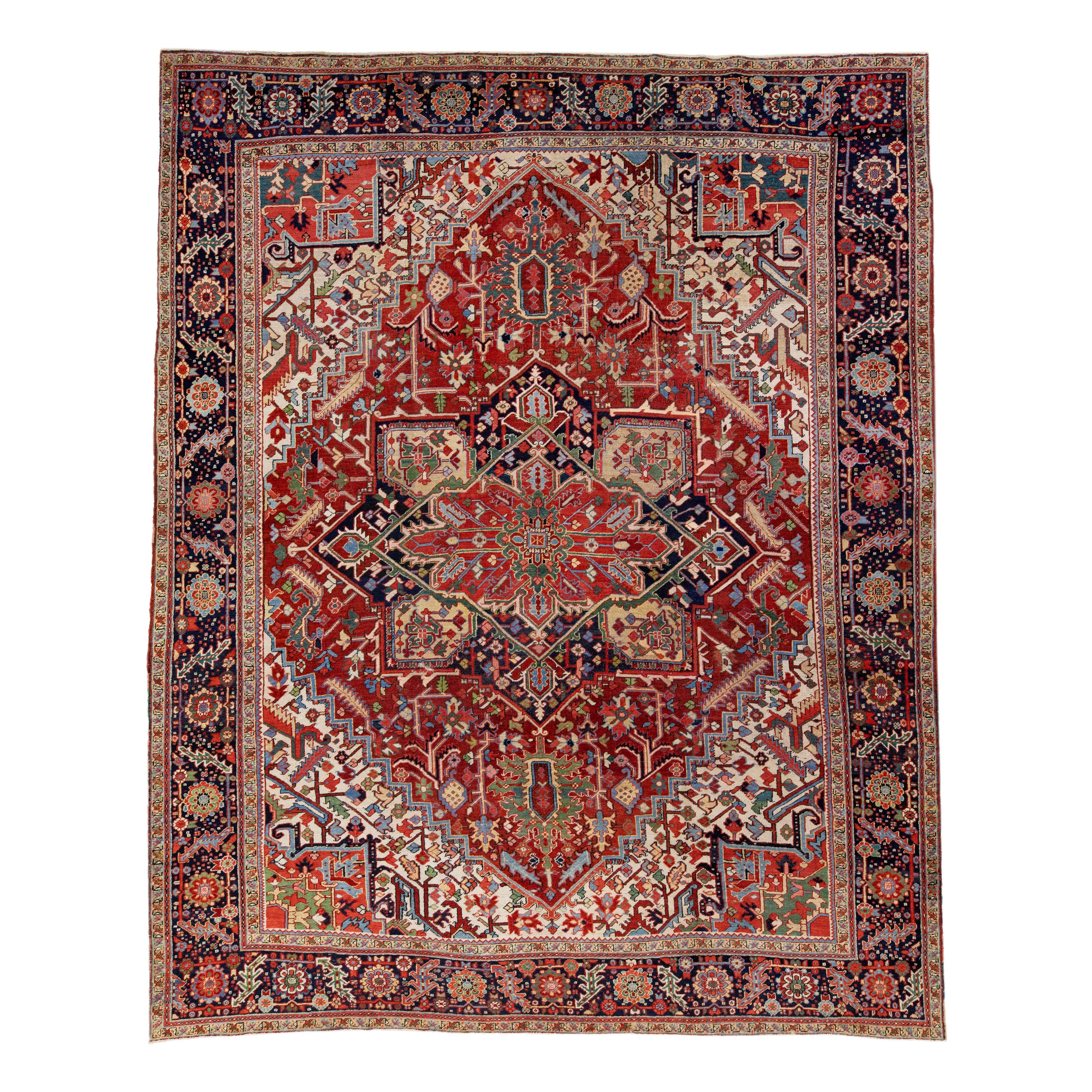 Rust Antique Persian Heriz Handmade Wool Rug with Multicolor Medallion Design For Sale