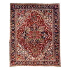 Rust Antique Persian Heriz Handmade Wool Rug with Multicolor Medallion Design