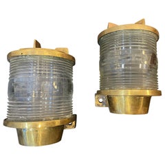 Pair of Brass Ship's Wall Lights with Fresnel Glass Lens